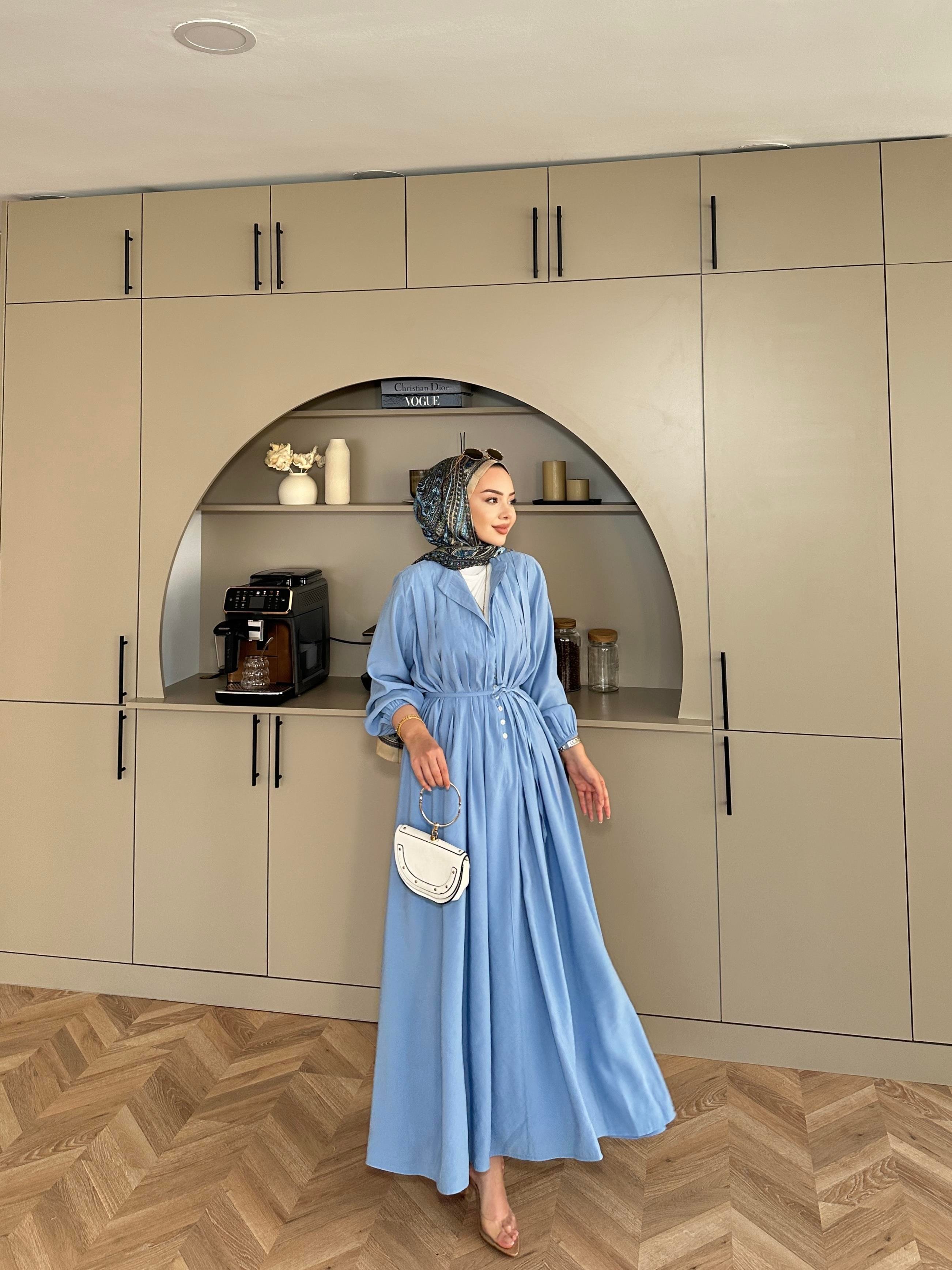 Retro Nervürlü Elbise Mavi