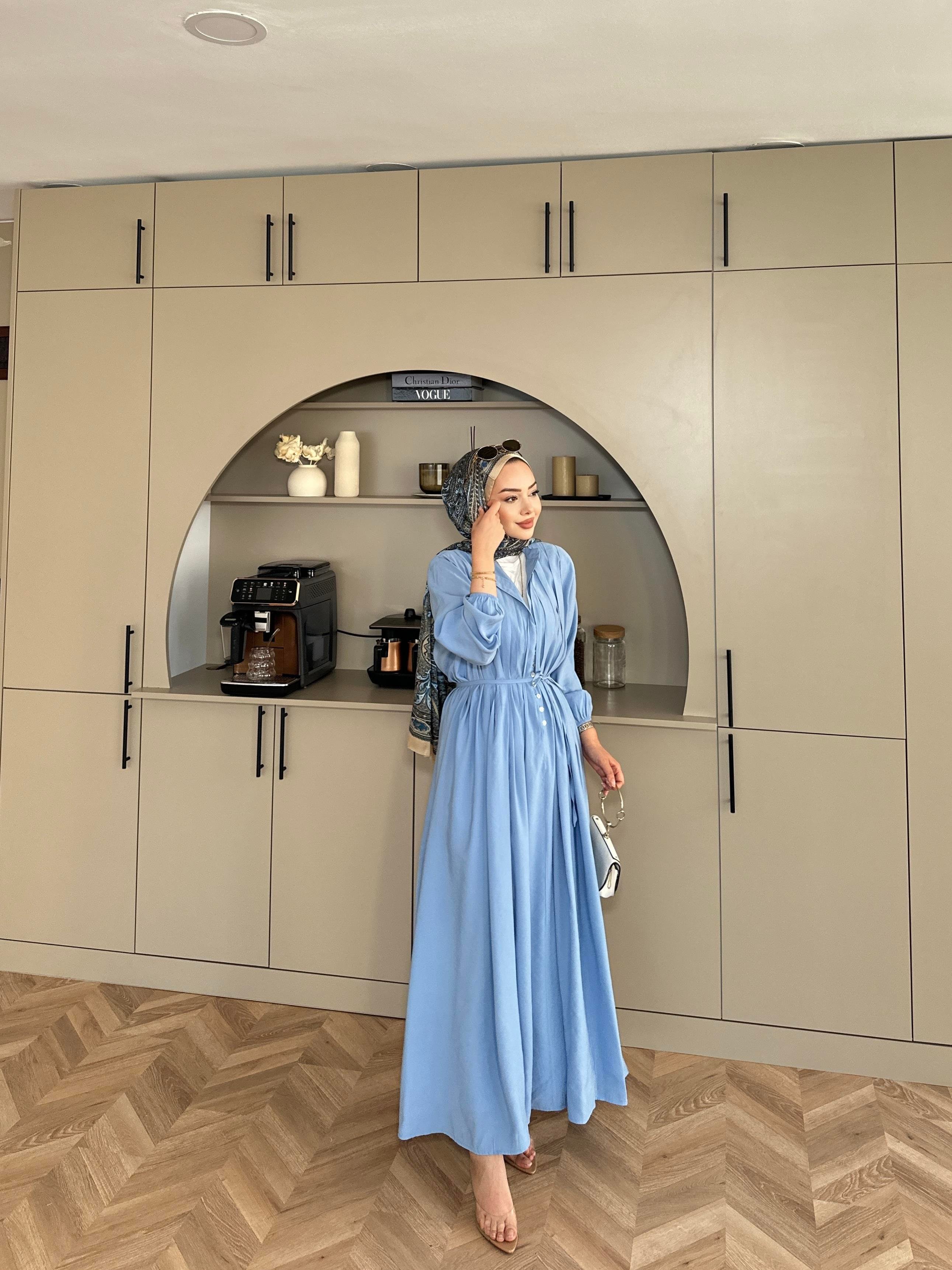 Retro Nervürlü Elbise Mavi