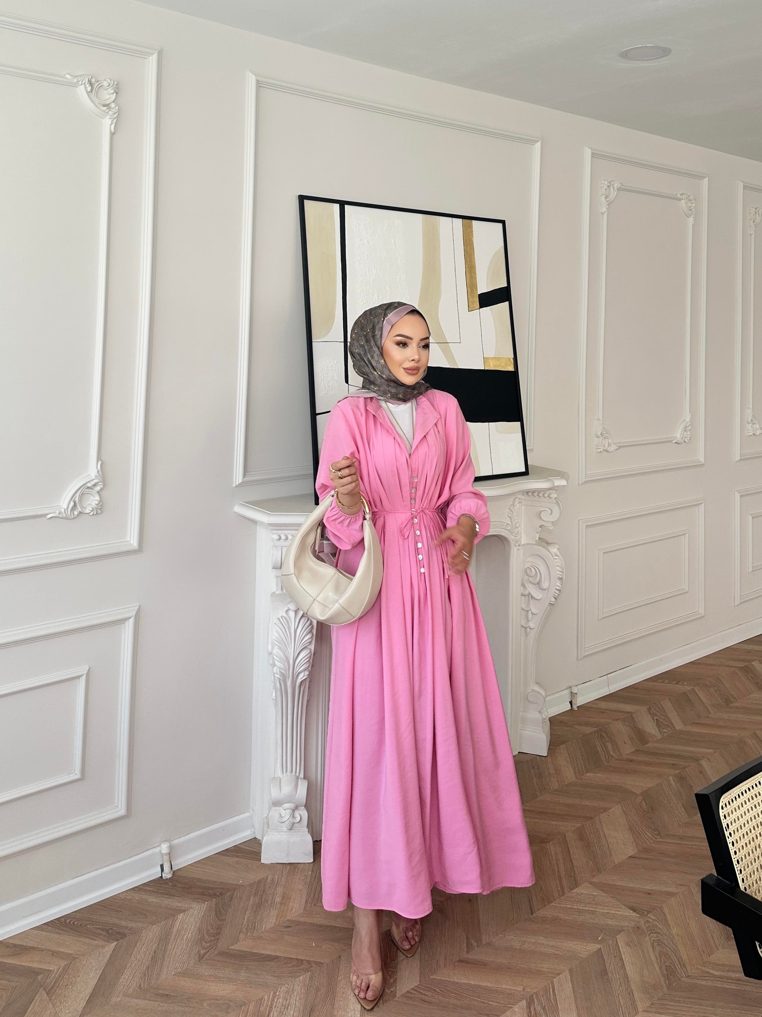 Retro Nervürlü Elbise Pembe