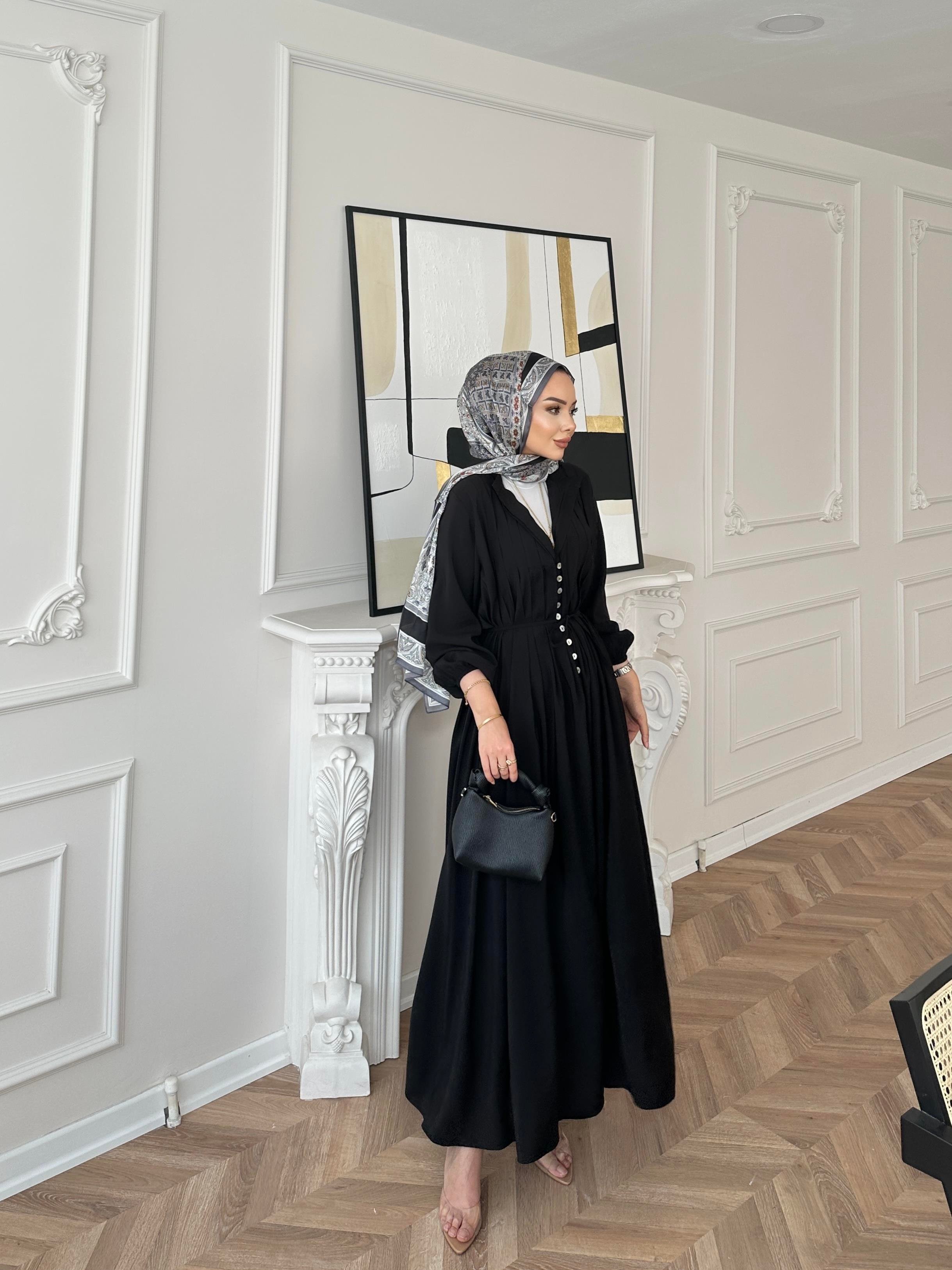 Retro Nervürlü Elbise Siyah