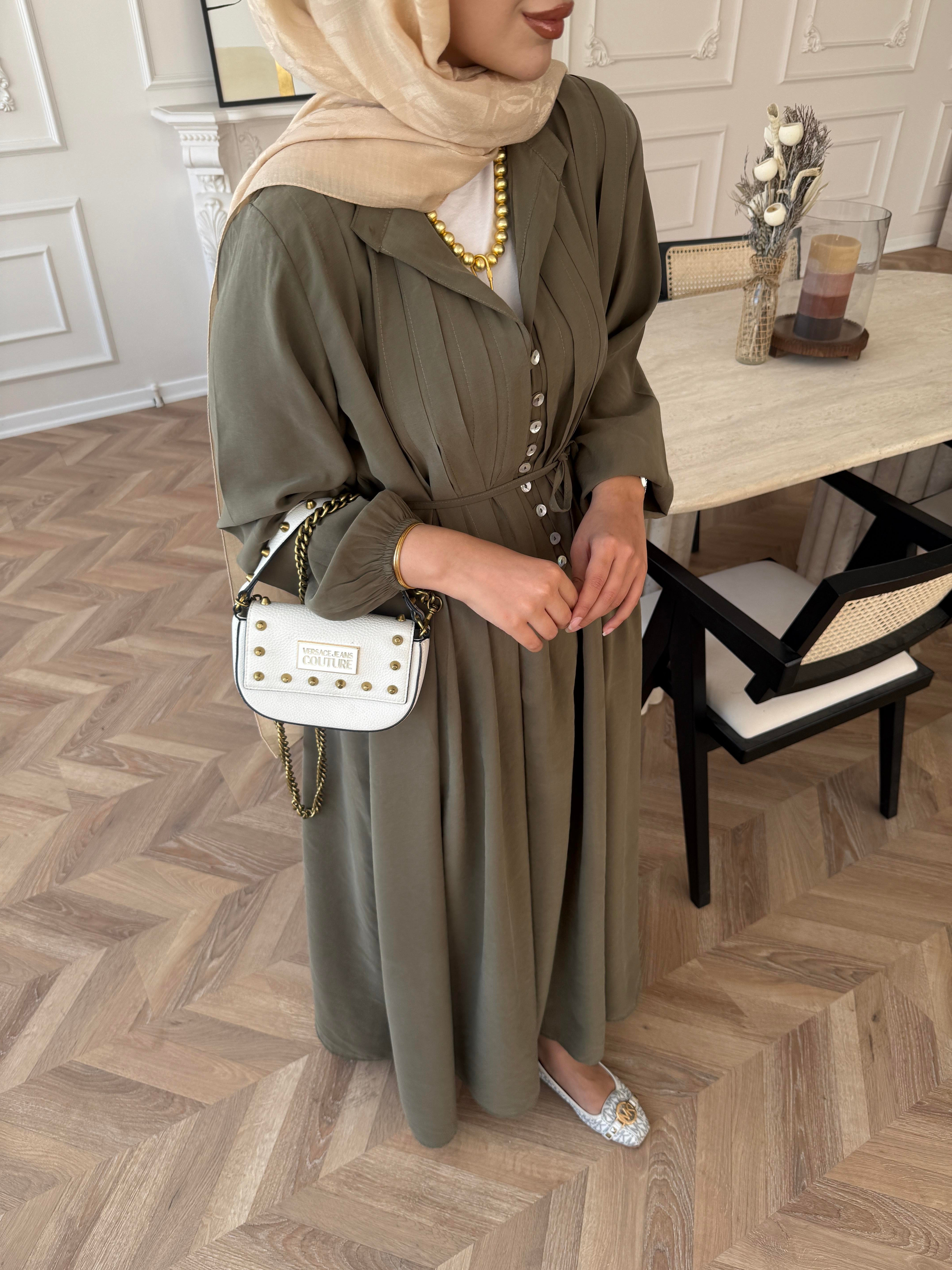 Retro Nervürlü Elbise Yağ Yeşili