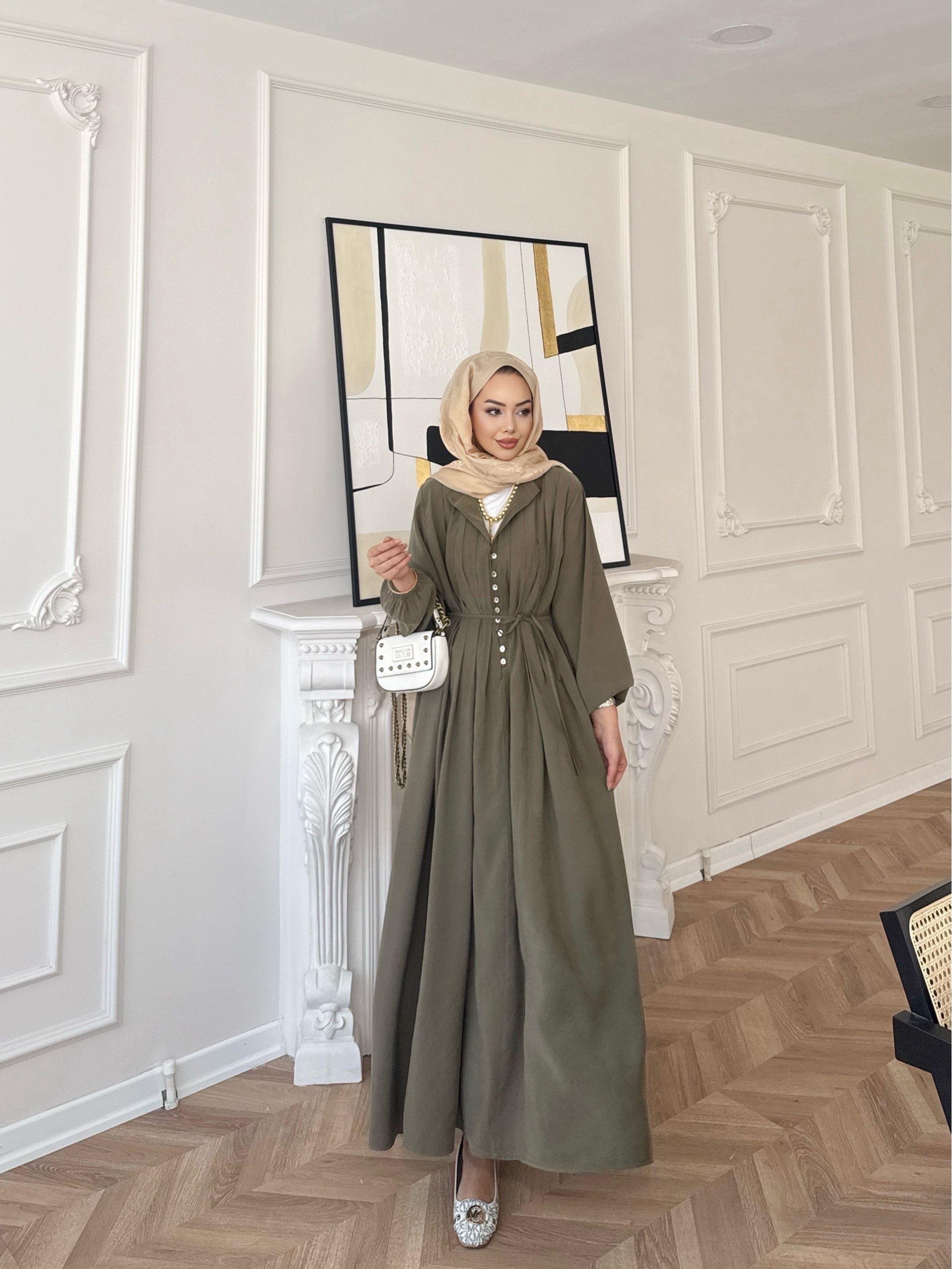 Retro Nervürlü Elbise Yağ Yeşili