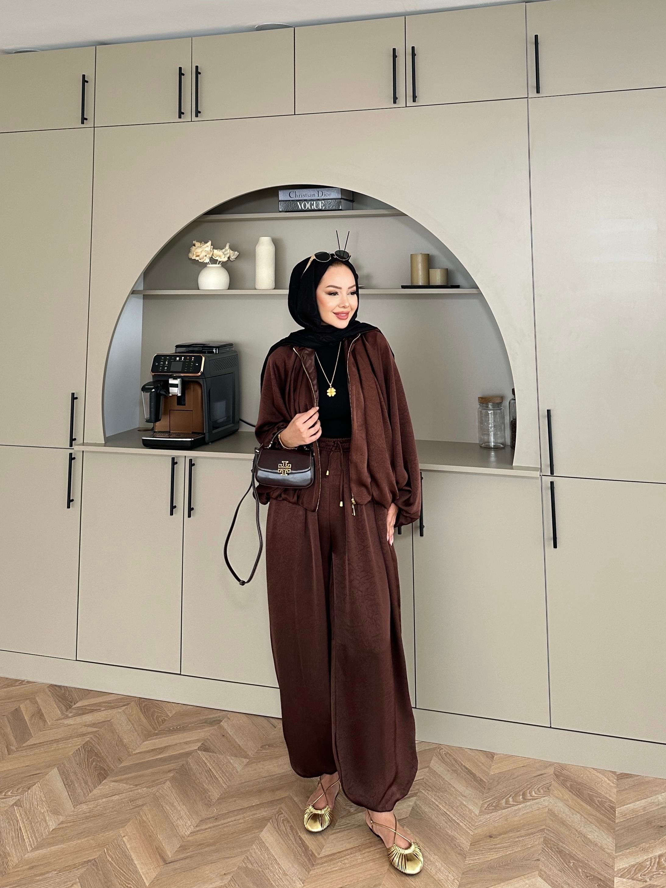 Saten Bomber Ceket Takım Acı Kahve