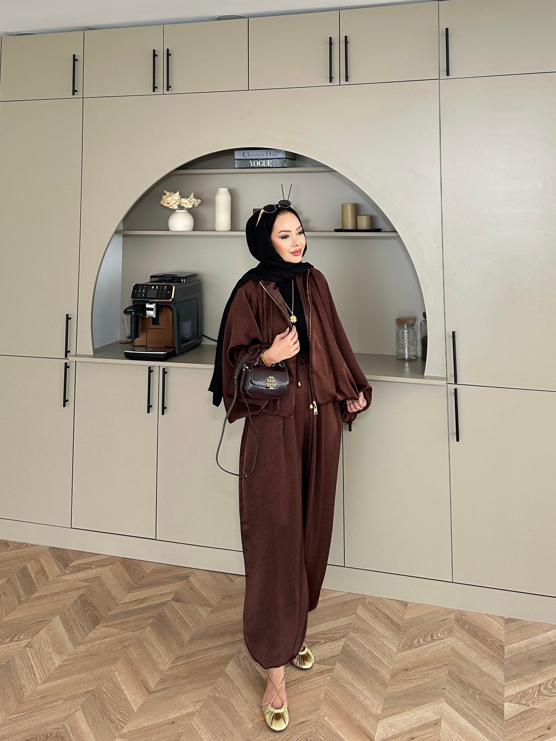 Saten Bomber Ceket Takım Acı Kahve