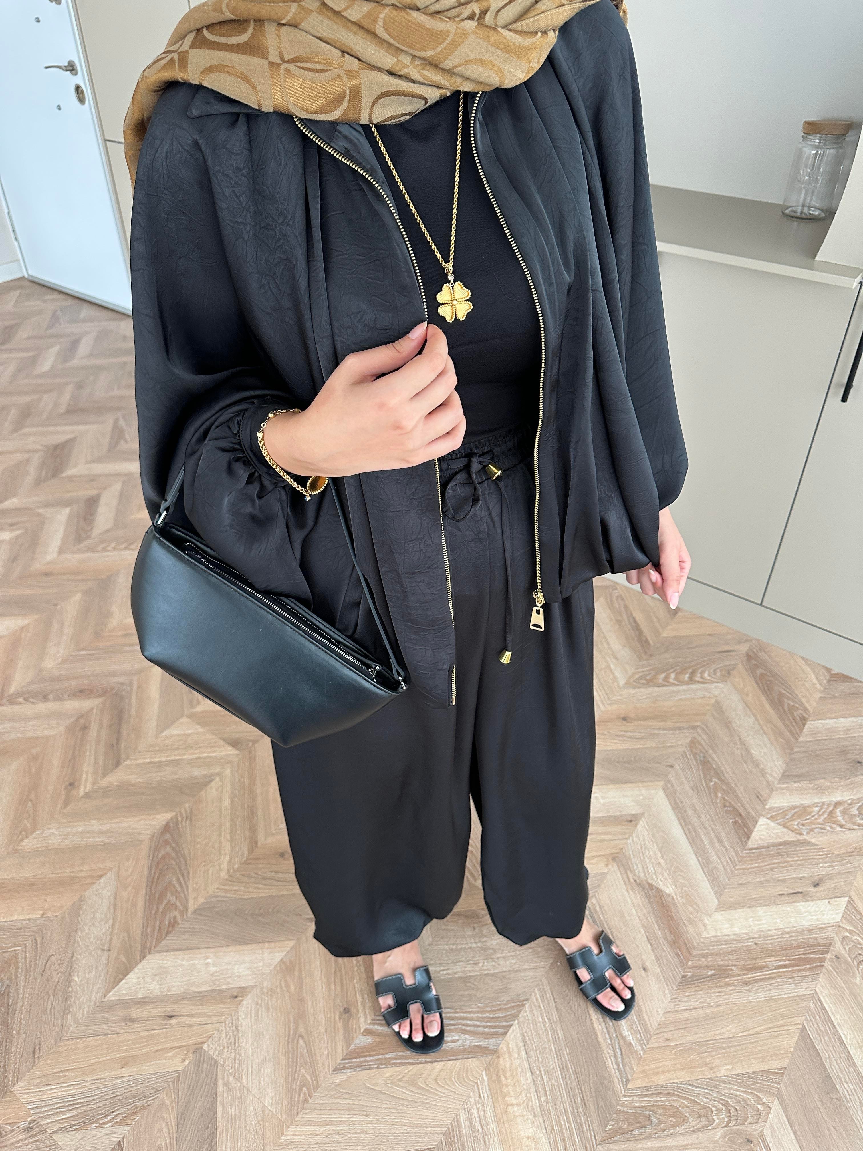 Saten Bomber Ceket Takım Siyah