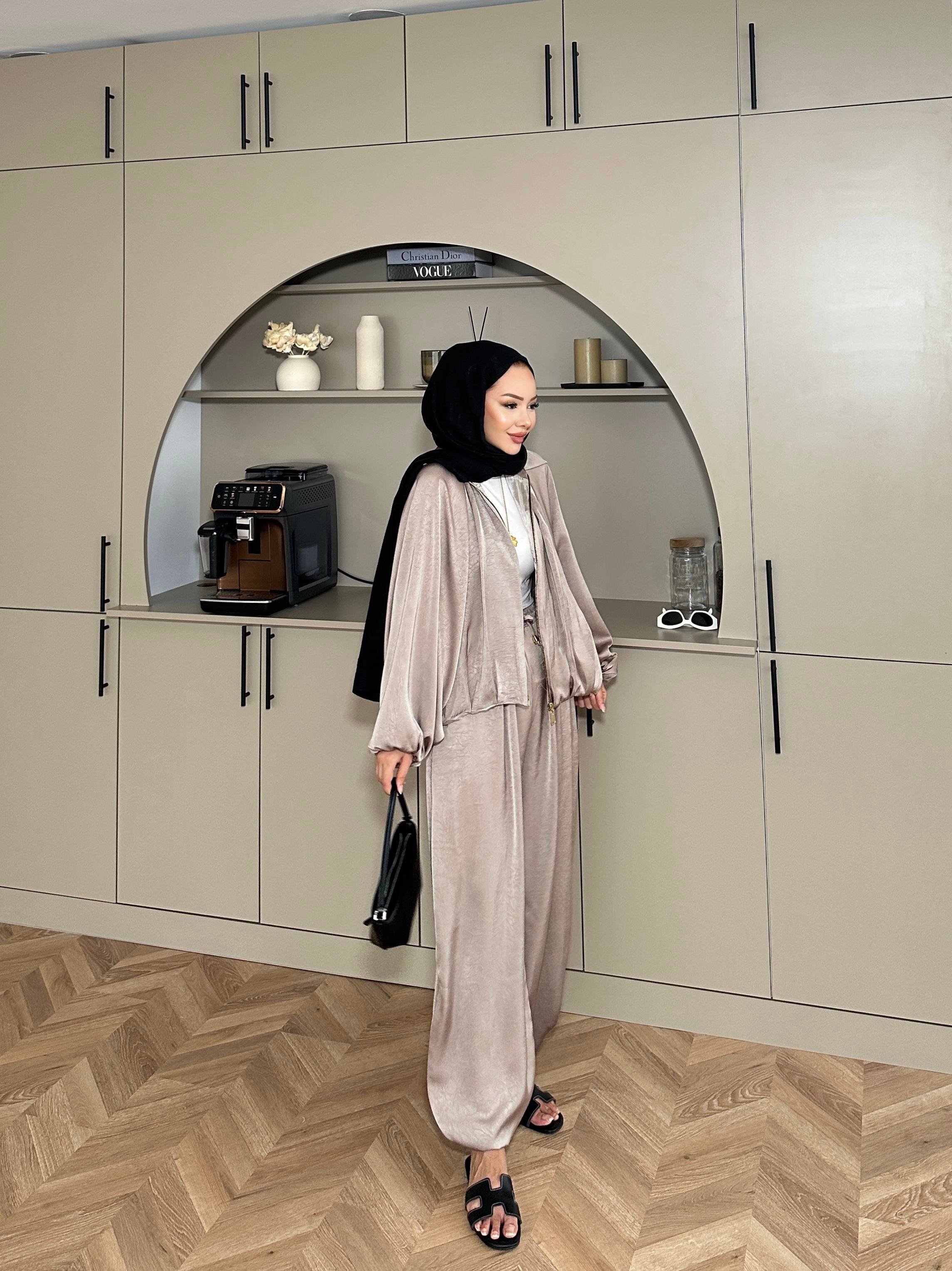 Saten Bomber Ceket Takım Vizon