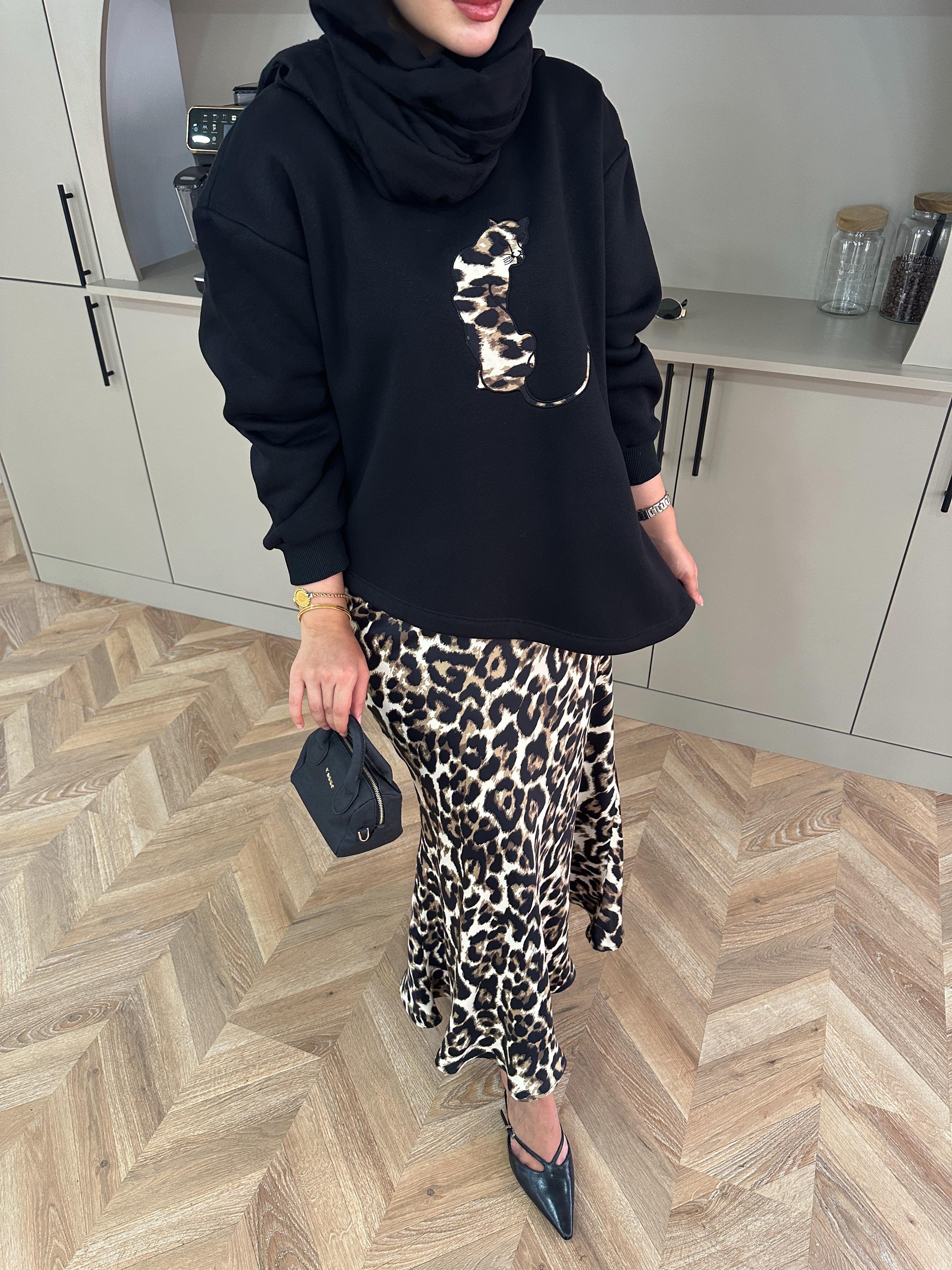 Saten Etekli Leopar Takım Siyah-Haki