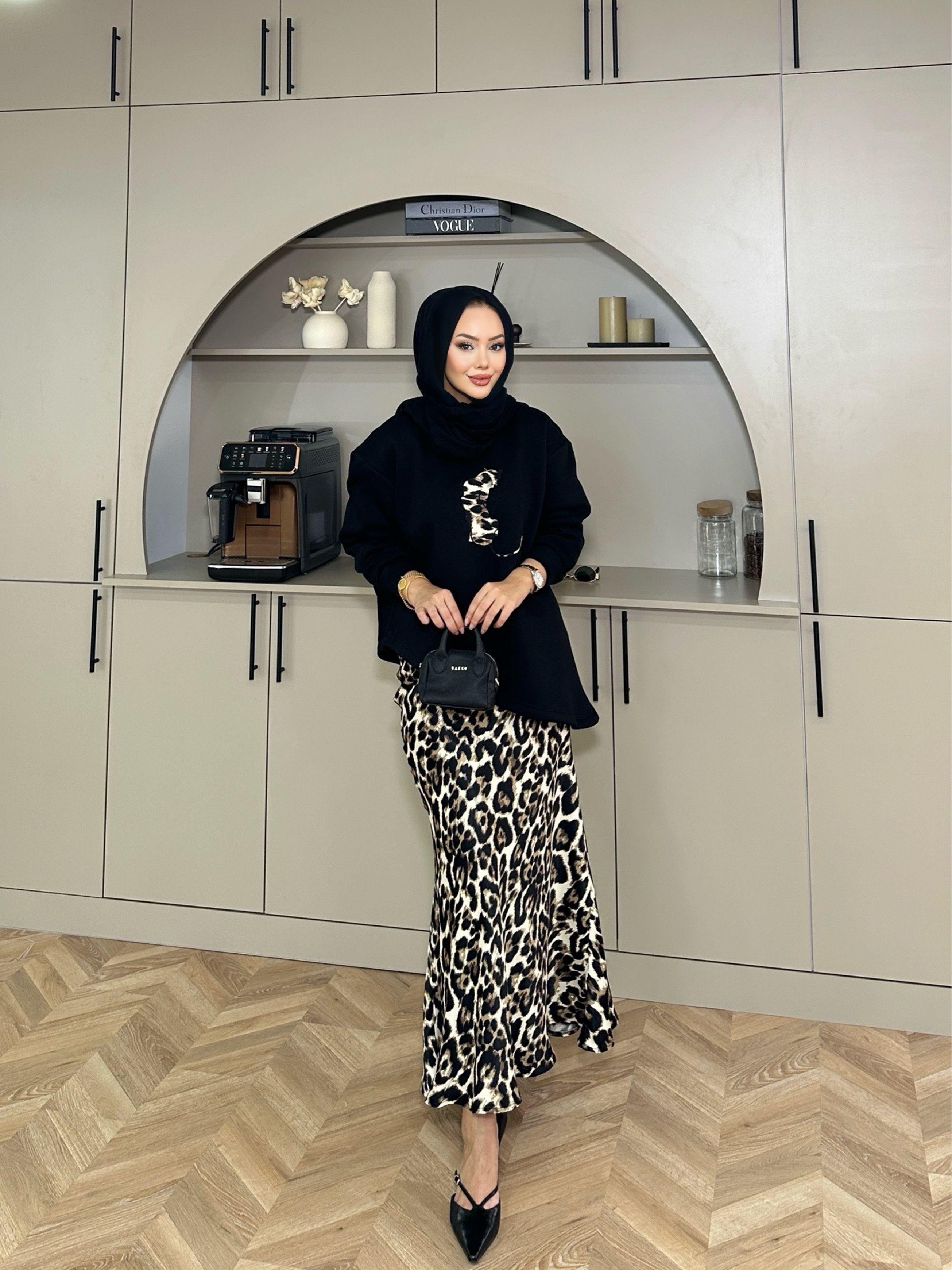 Saten Etekli Leopar Takım Siyah-Haki