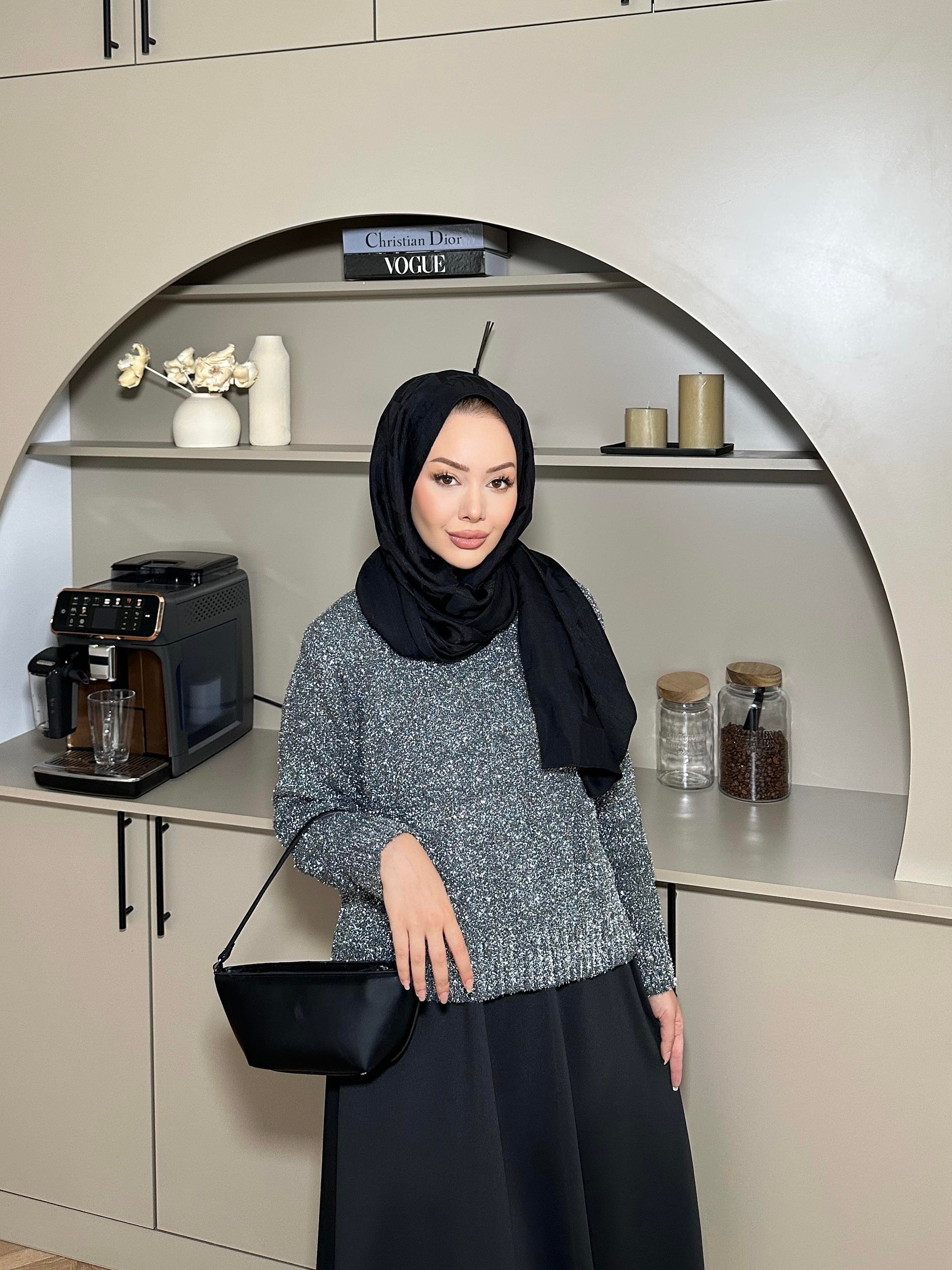 Simli Kısa Kazak Gri