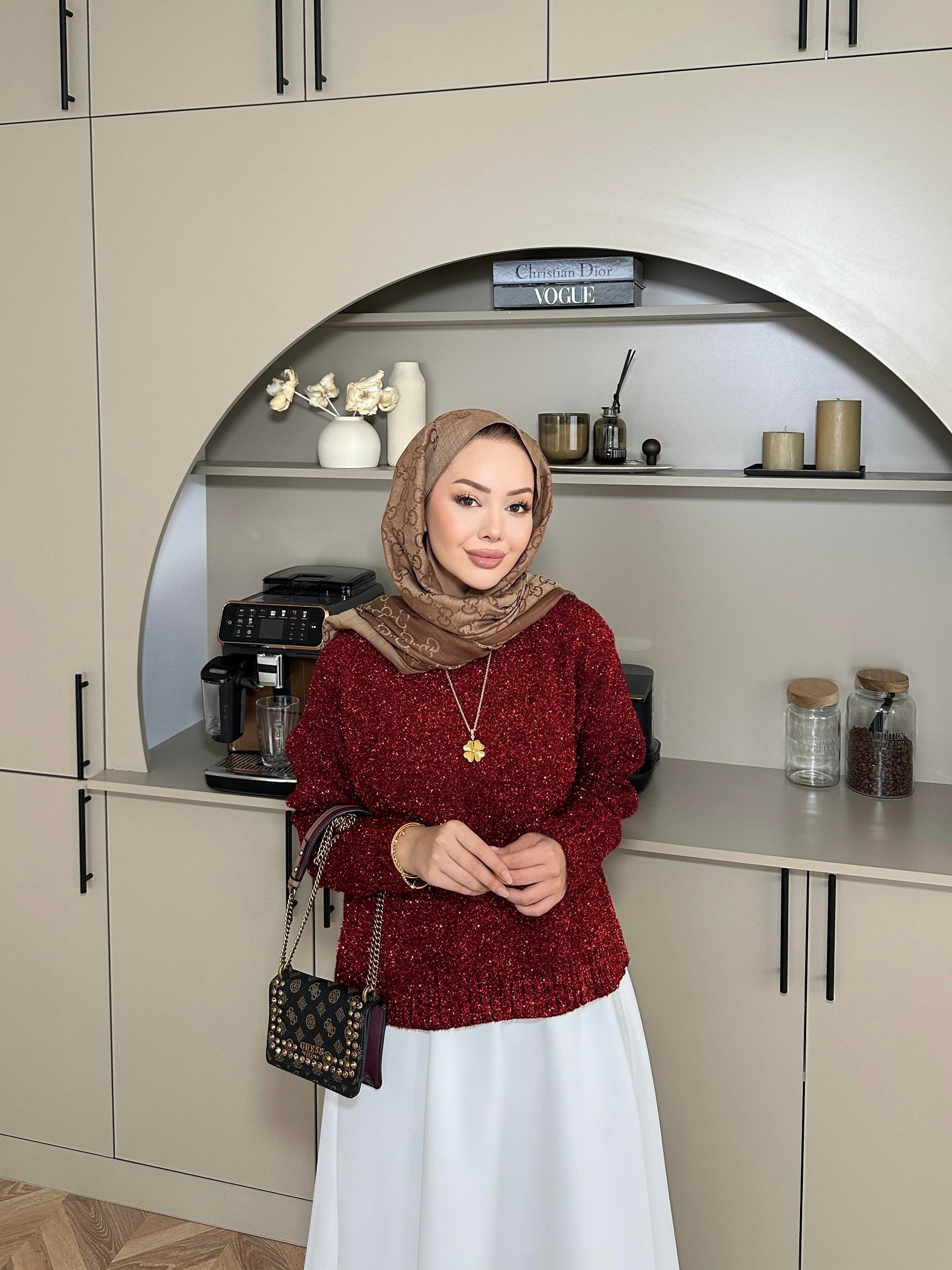 Simli Kısa Kazak Kırmızı