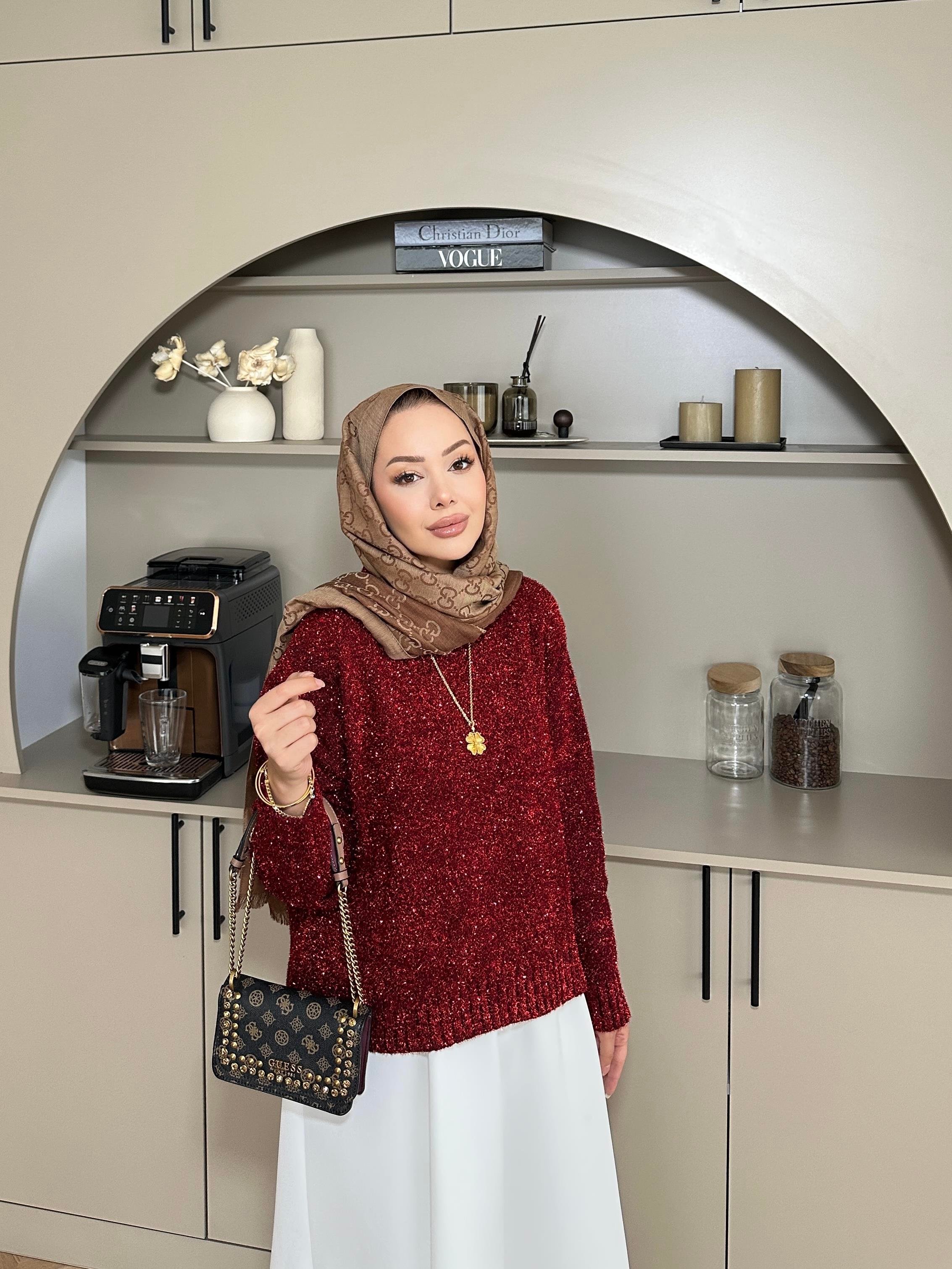 Simli Kısa Kazak Kırmızı