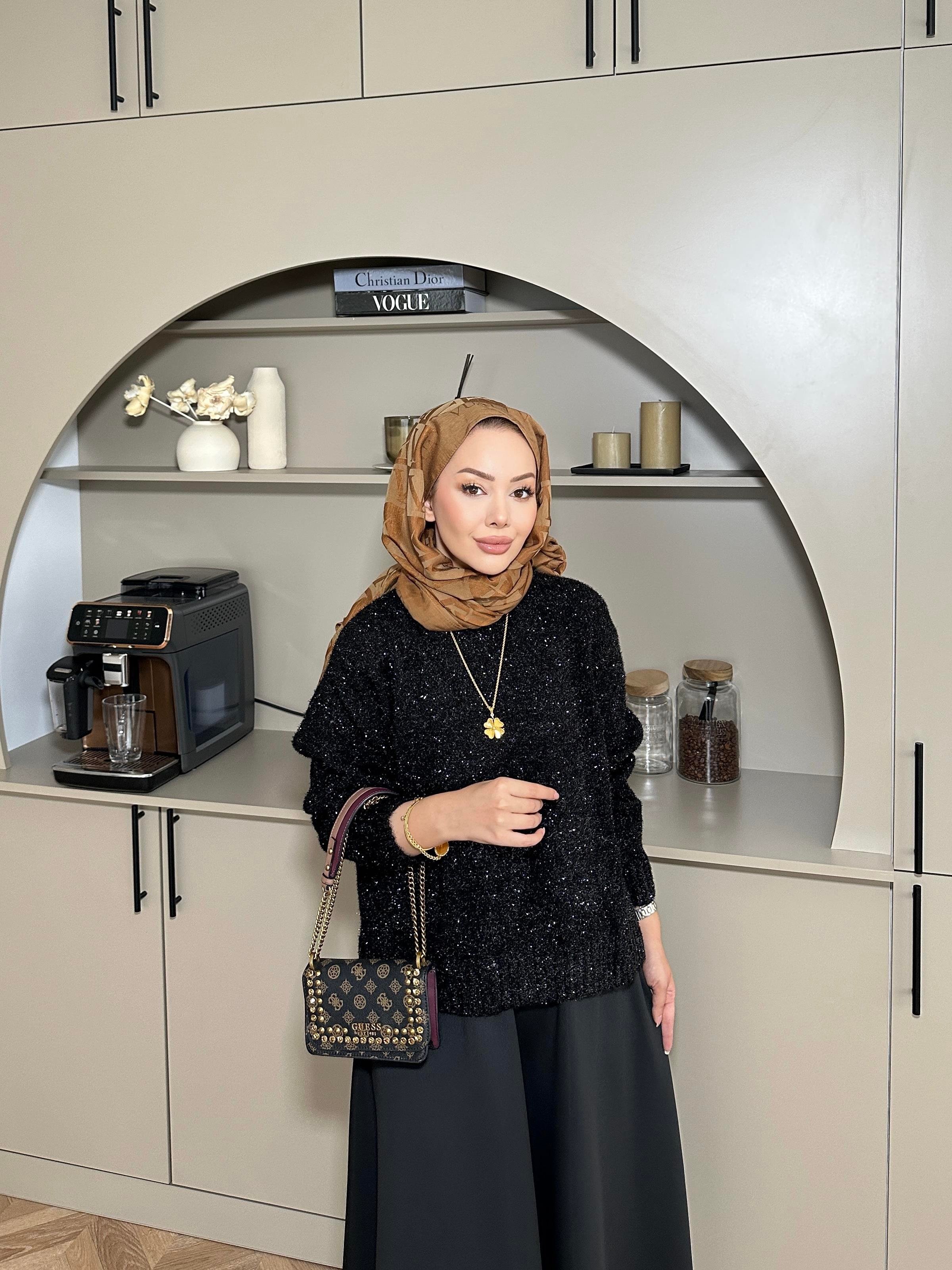 Simli Kısa Kazak Siyah