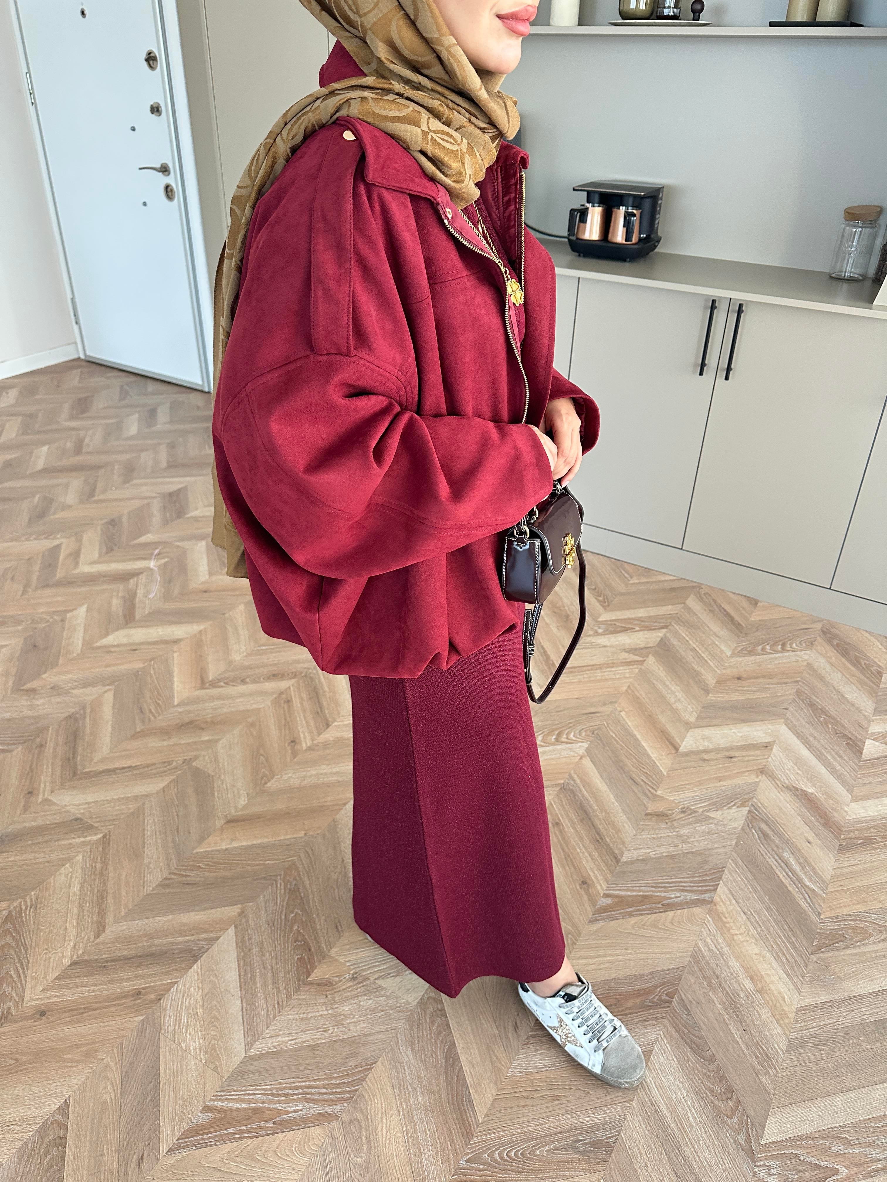 Süet Bomber Ceket Bordo