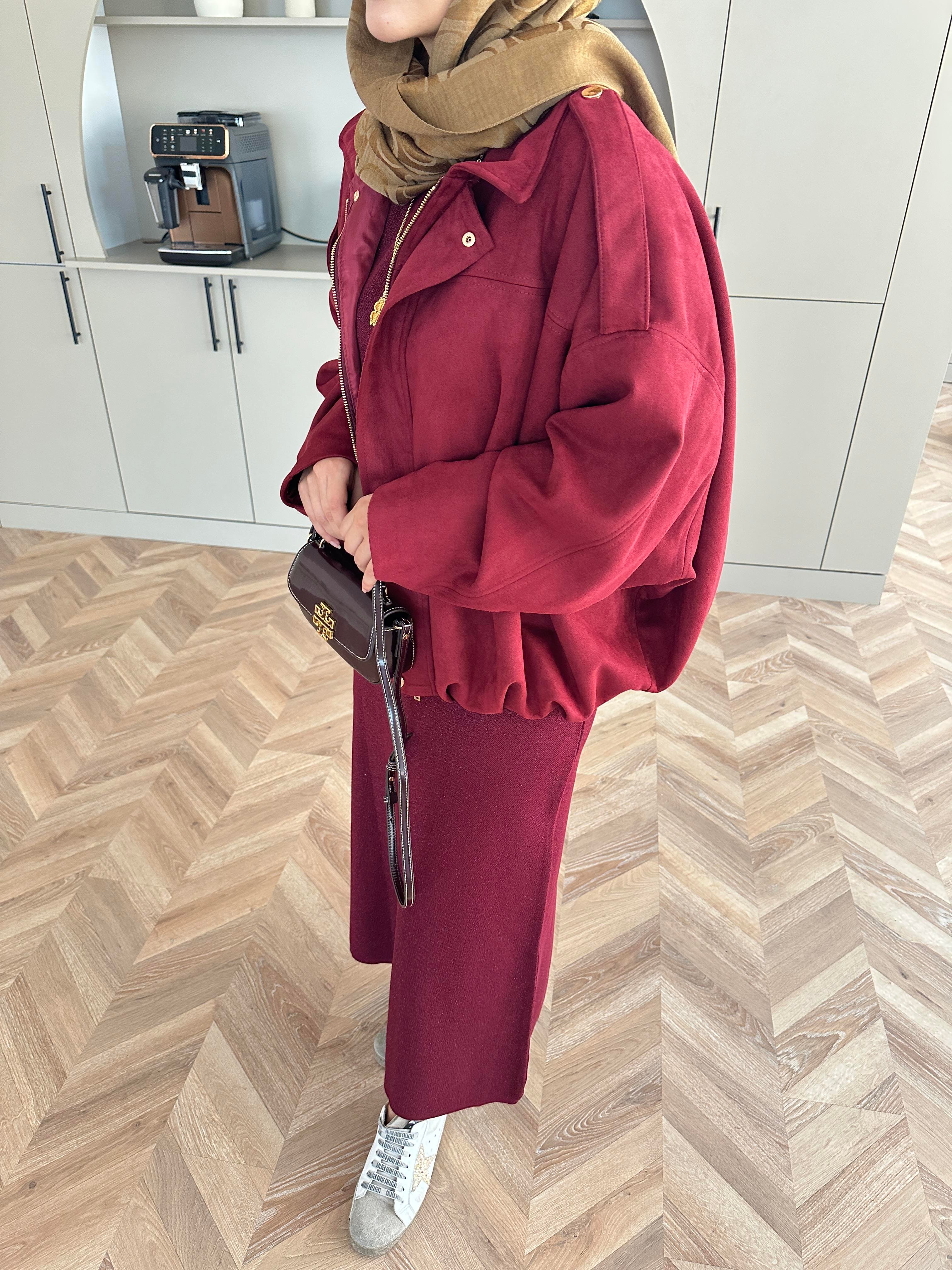 Süet Bomber Ceket Bordo