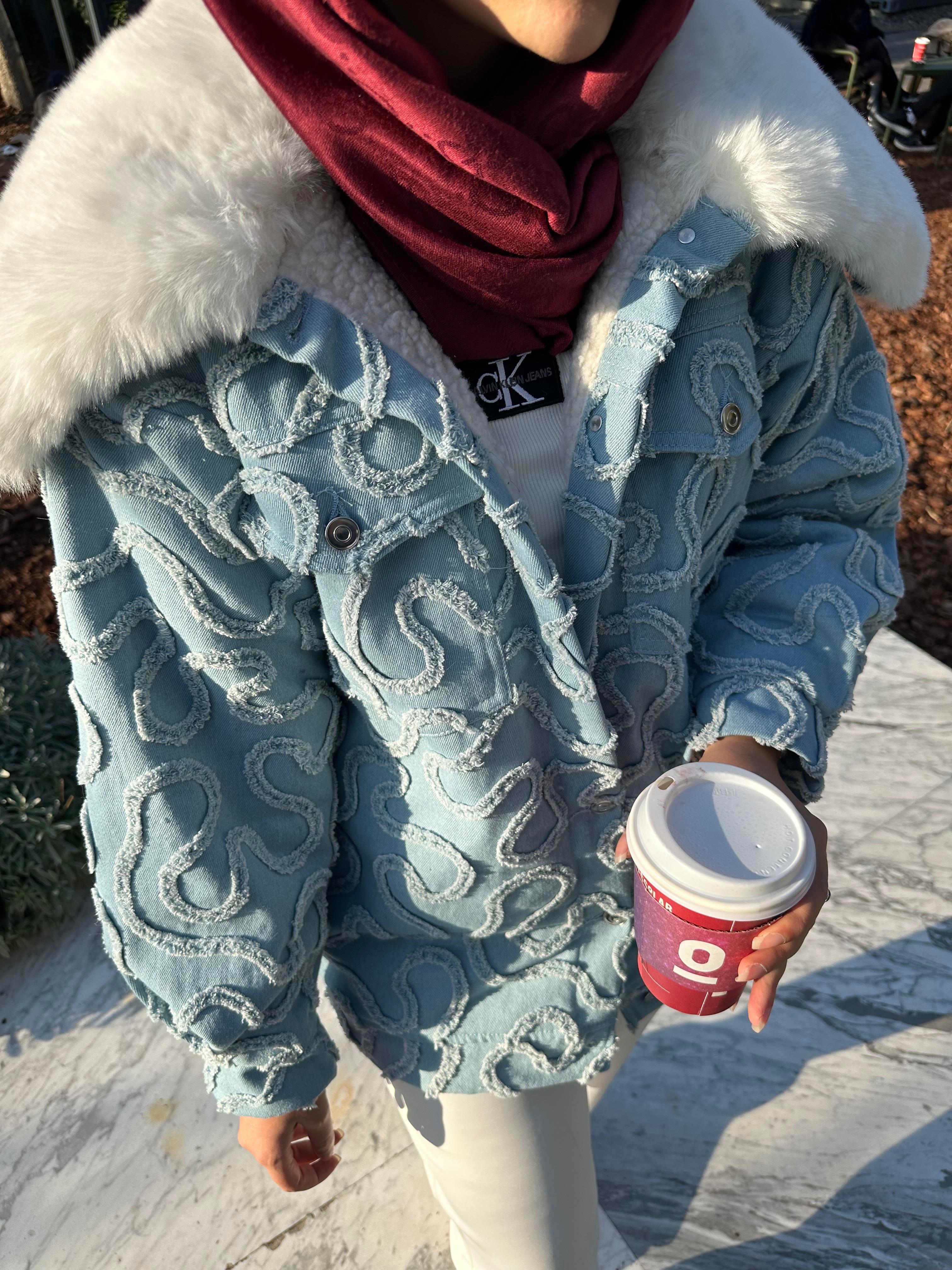 Tasarım Kürk Yakalı Kot Ceket Açık Mavi