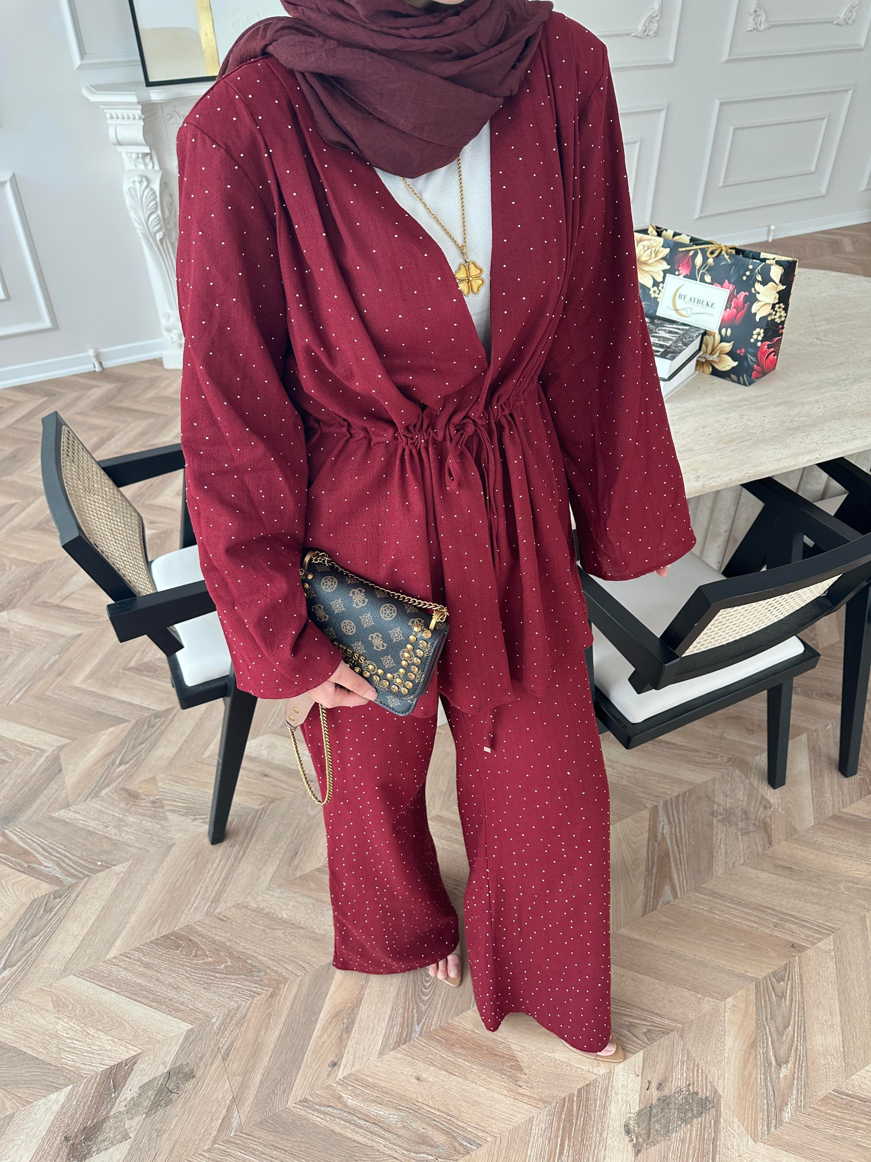 Taşlı Keten Takım Bordo