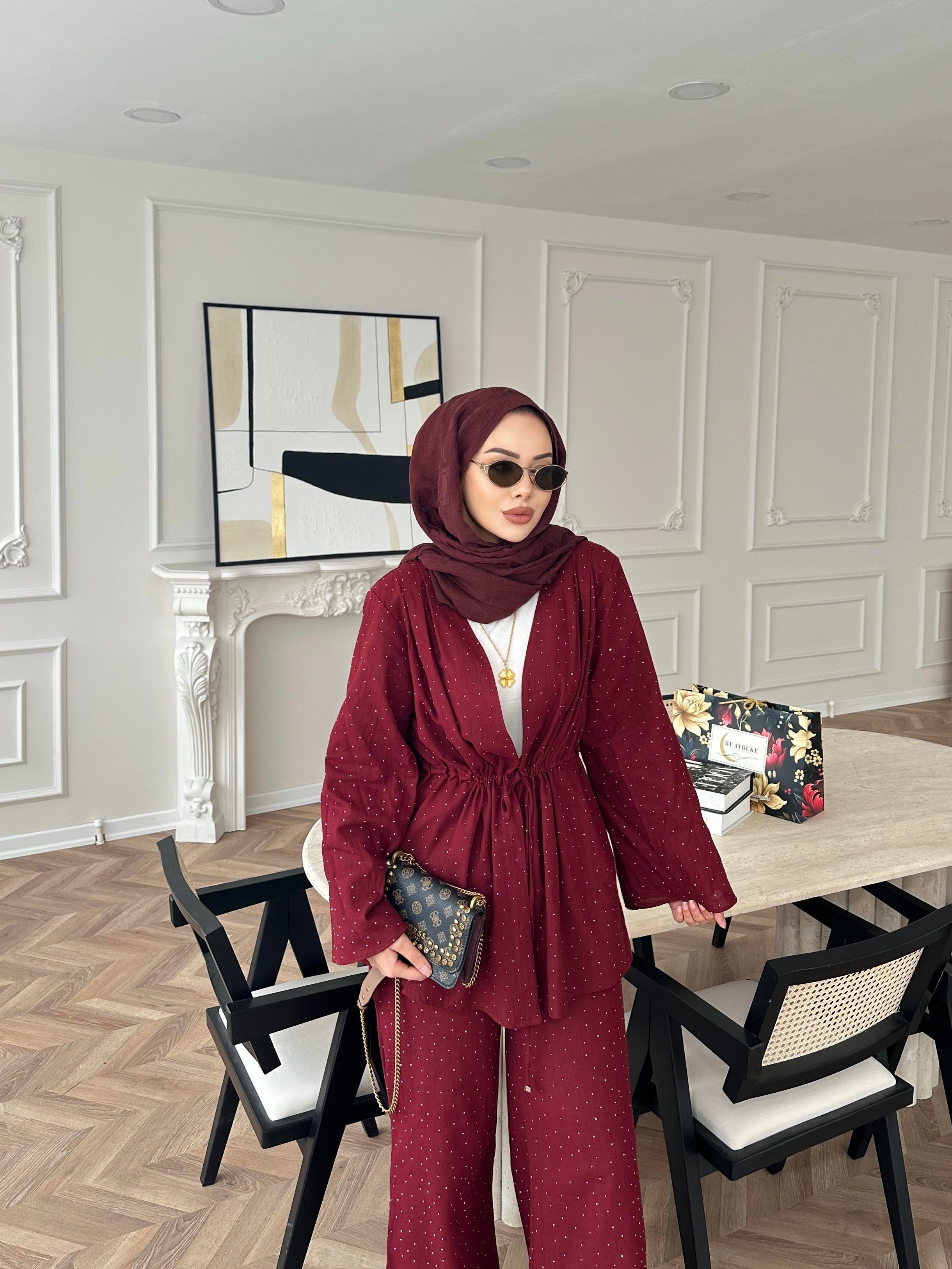 Taşlı Keten Takım Bordo