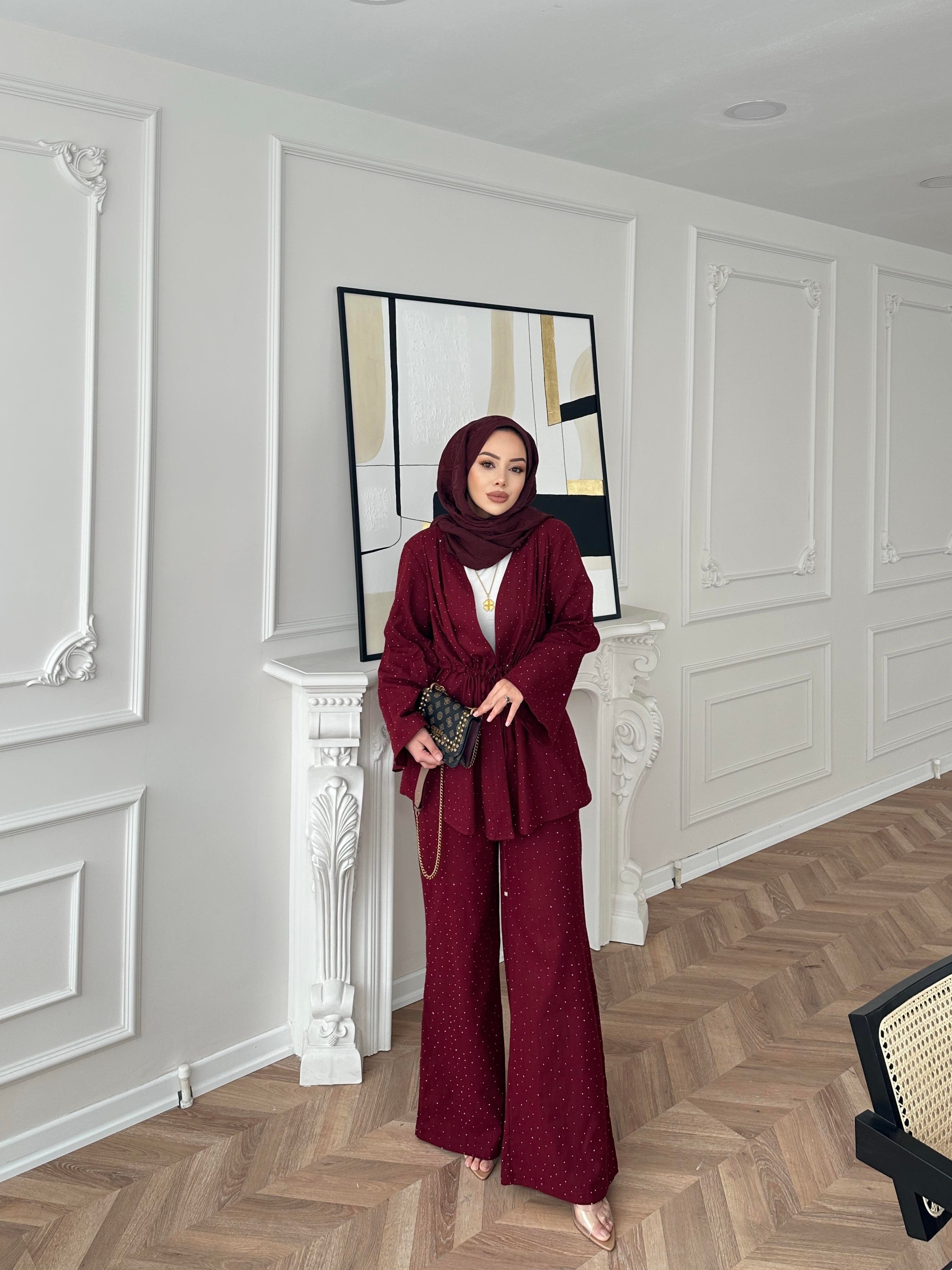 Taşlı Keten Takım Bordo