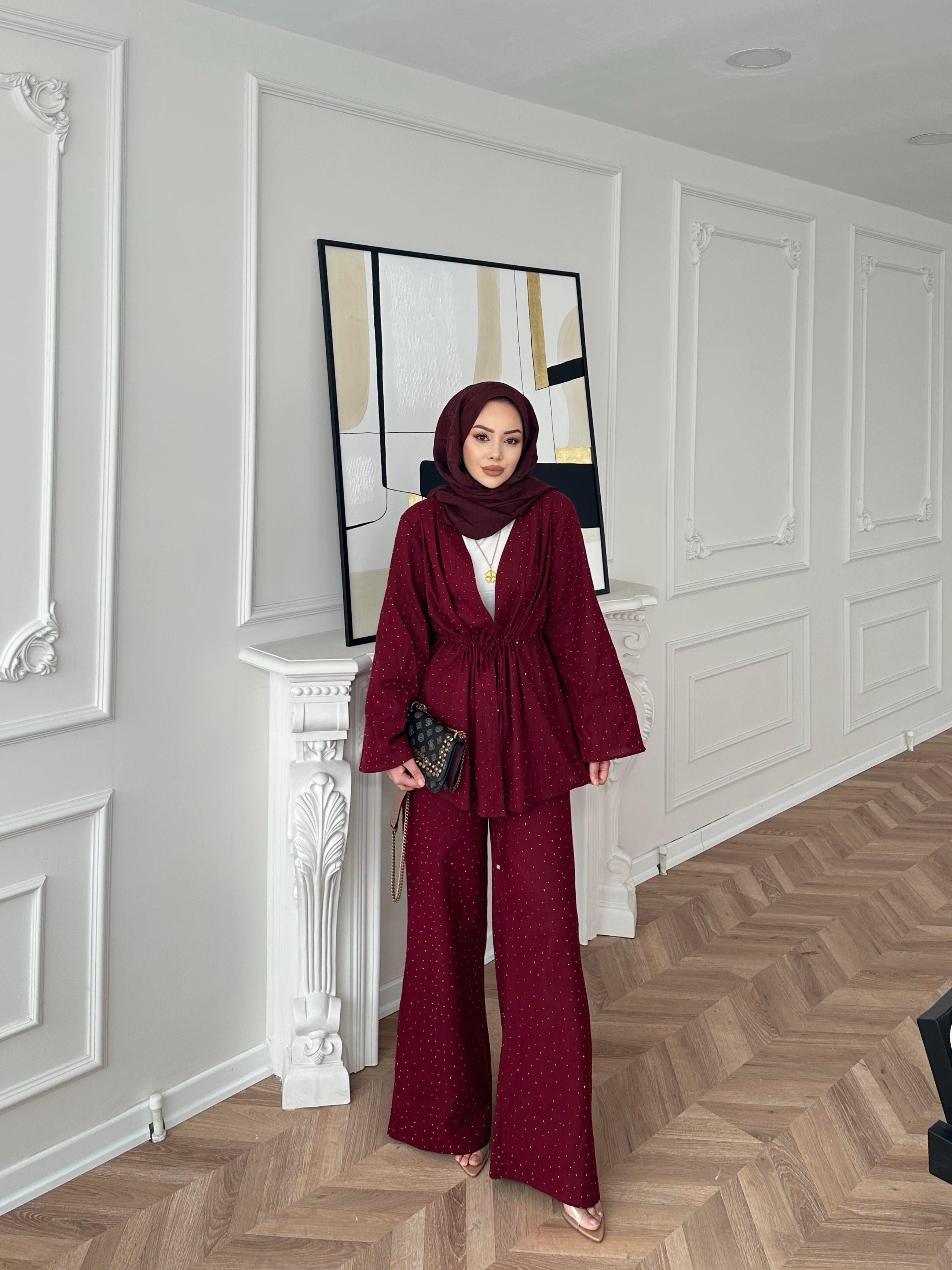 Taşlı Keten Takım Bordo