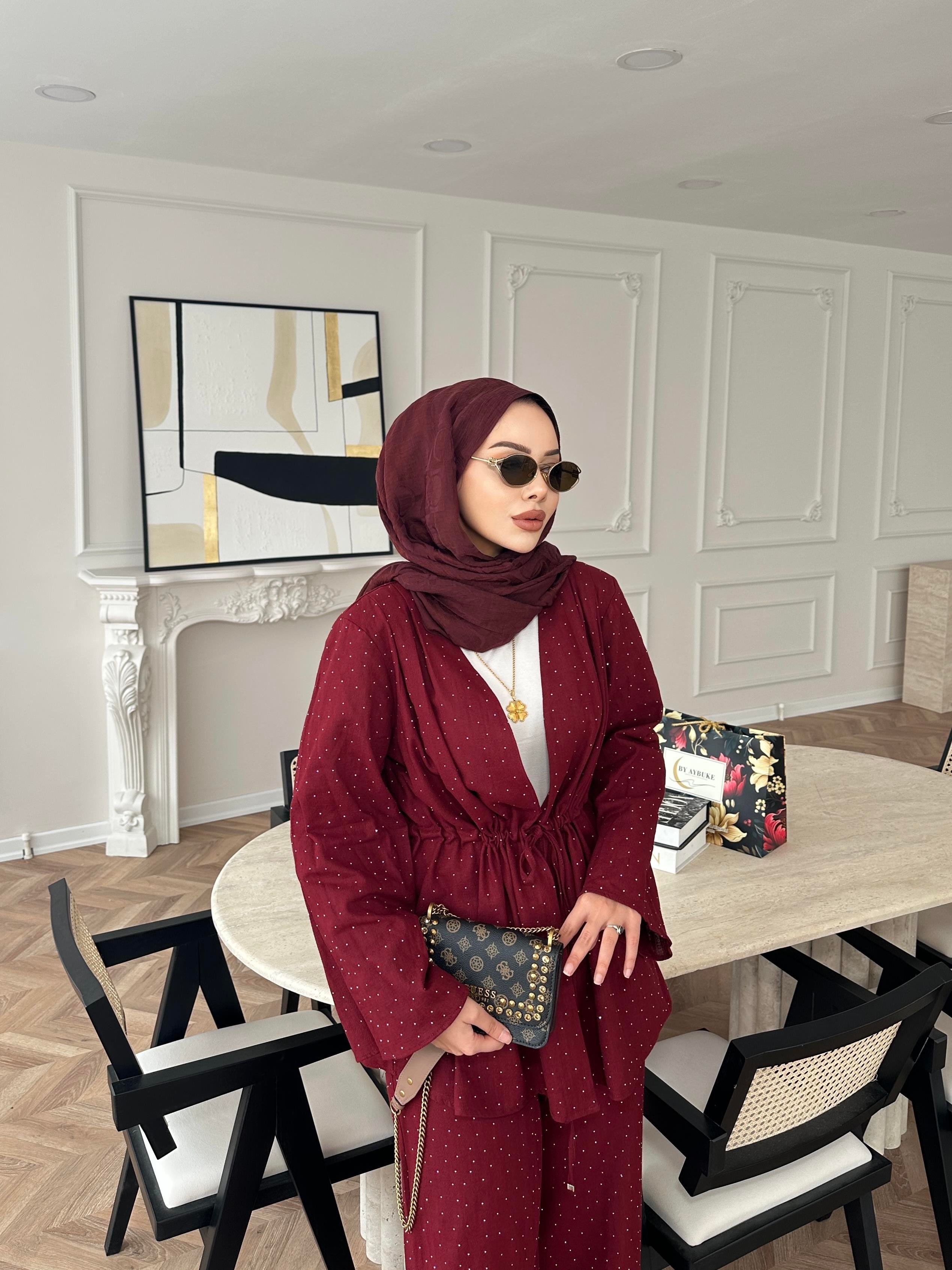 Taşlı Keten Takım Bordo