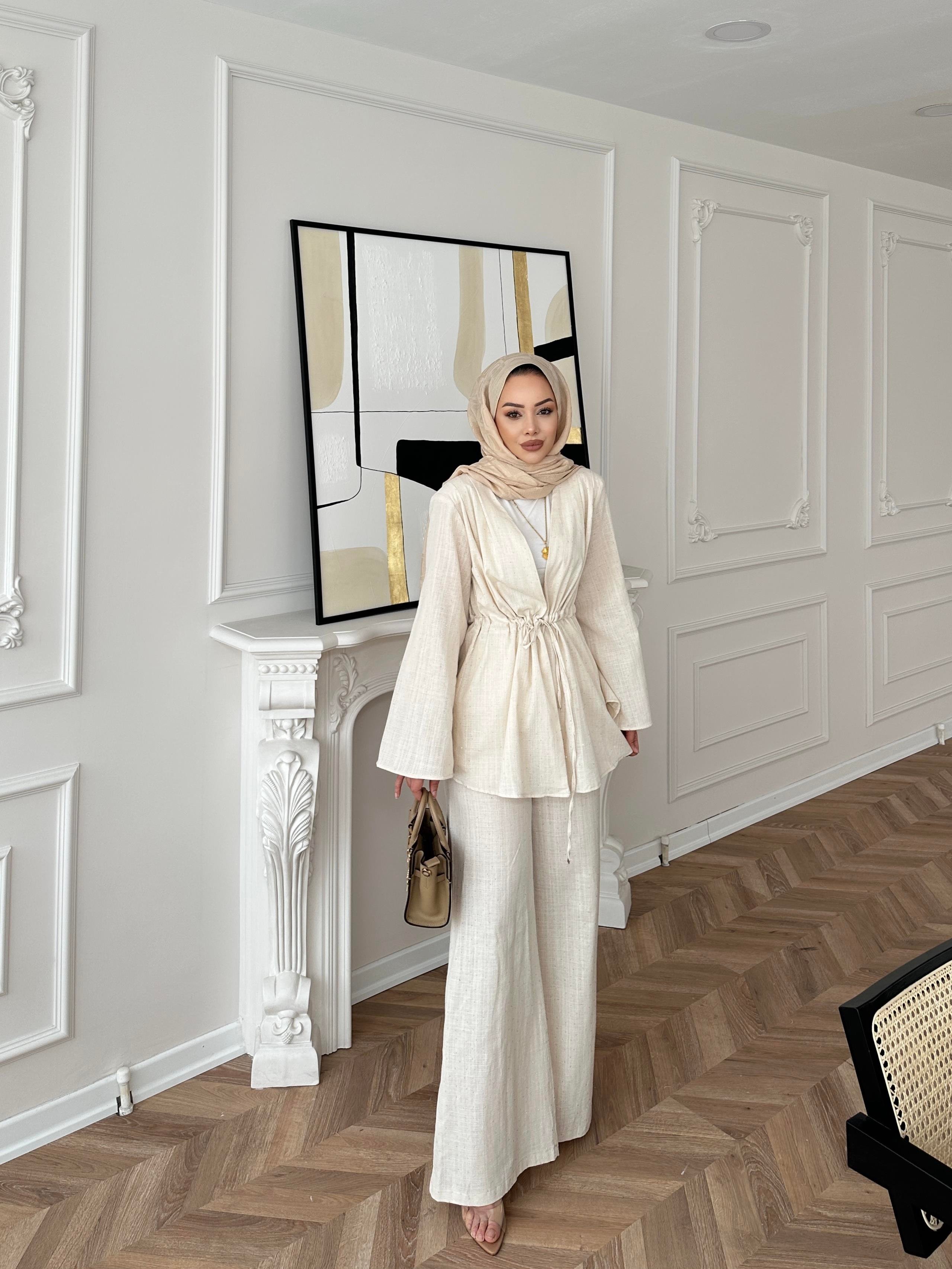 Taşlı Keten Takım Ekru