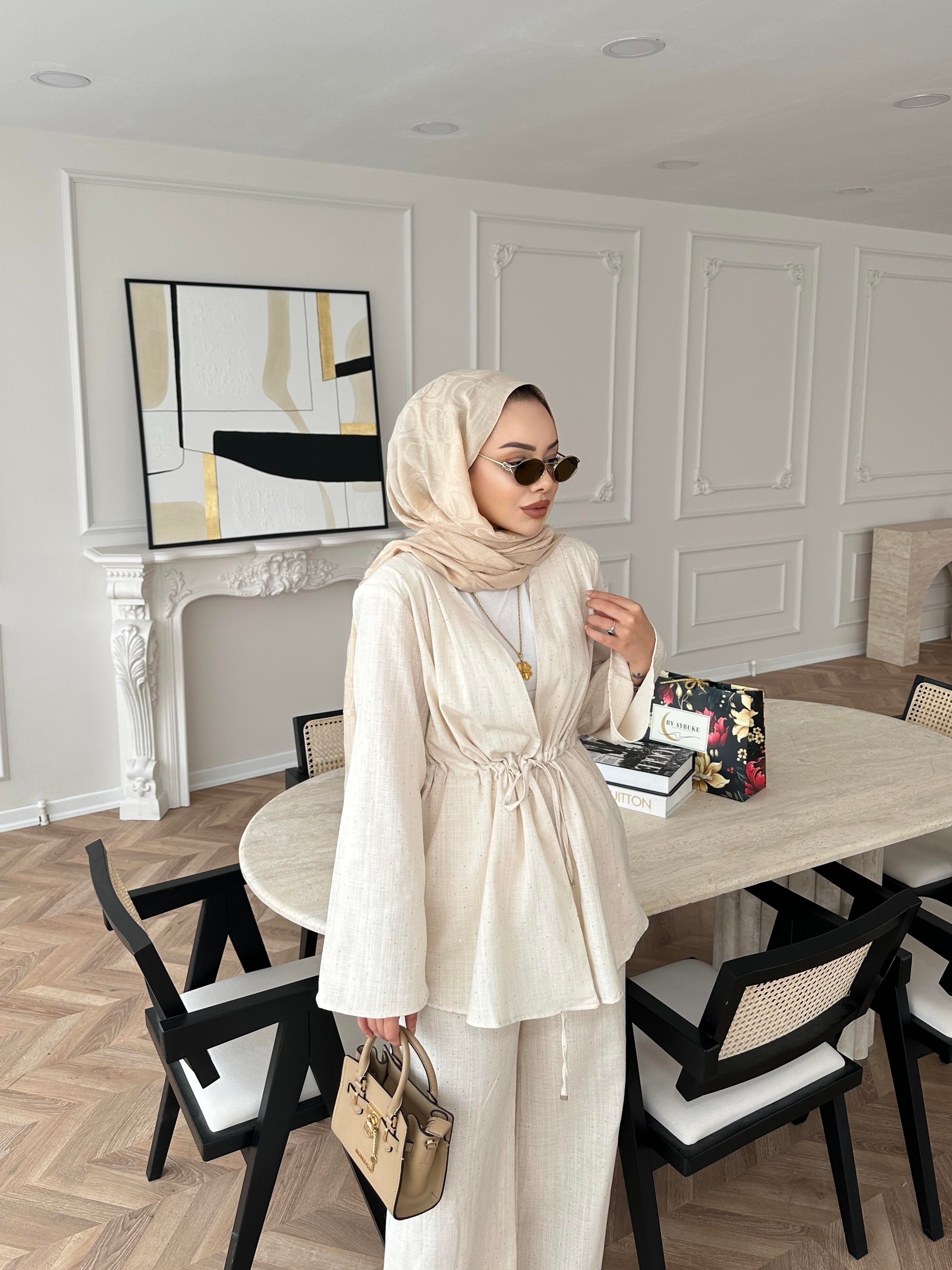 Taşlı Keten Takım Ekru