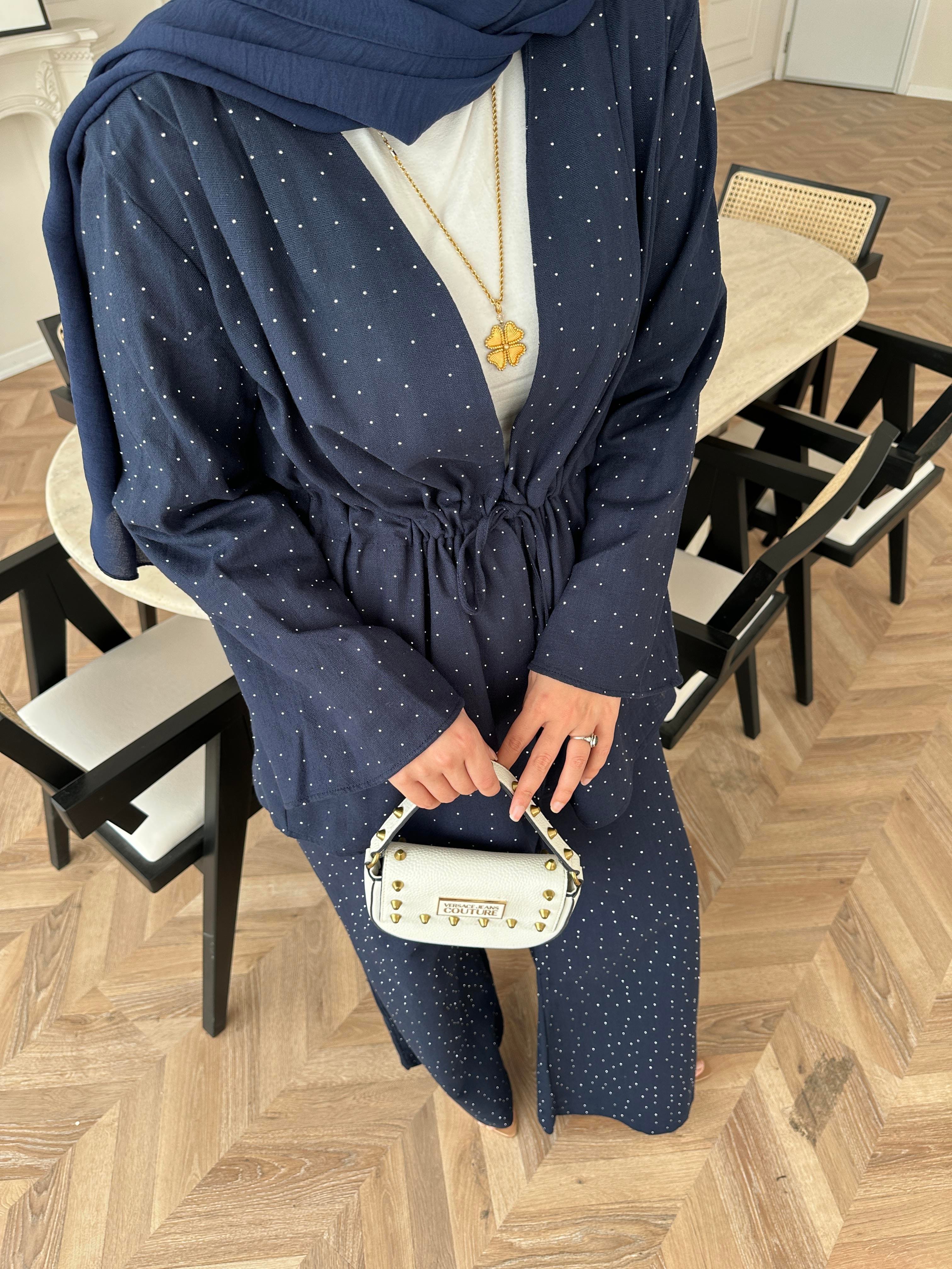 Taşlı Keten Takım Lacivert