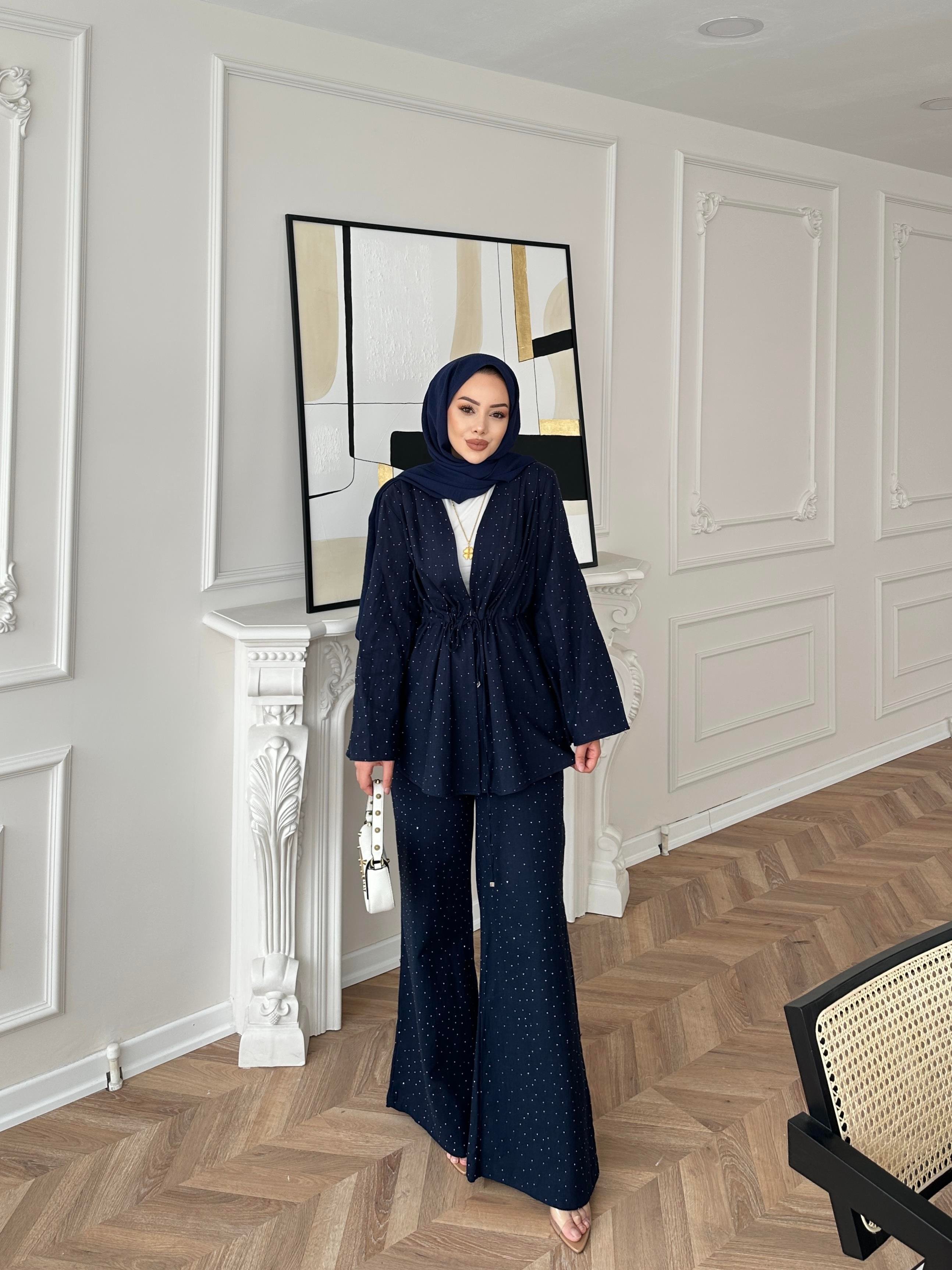 Taşlı Keten Takım Lacivert