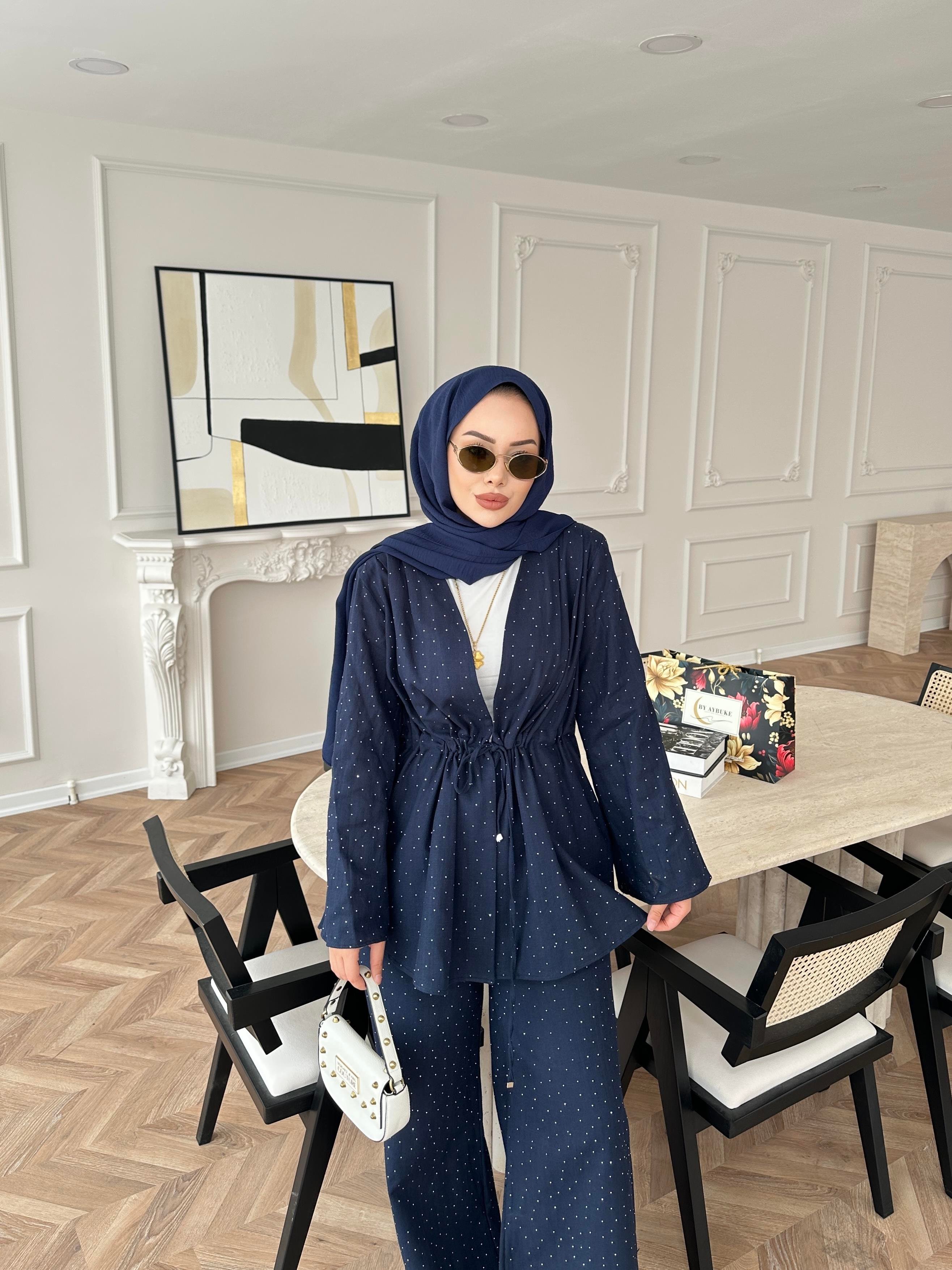 Taşlı Keten Takım Lacivert