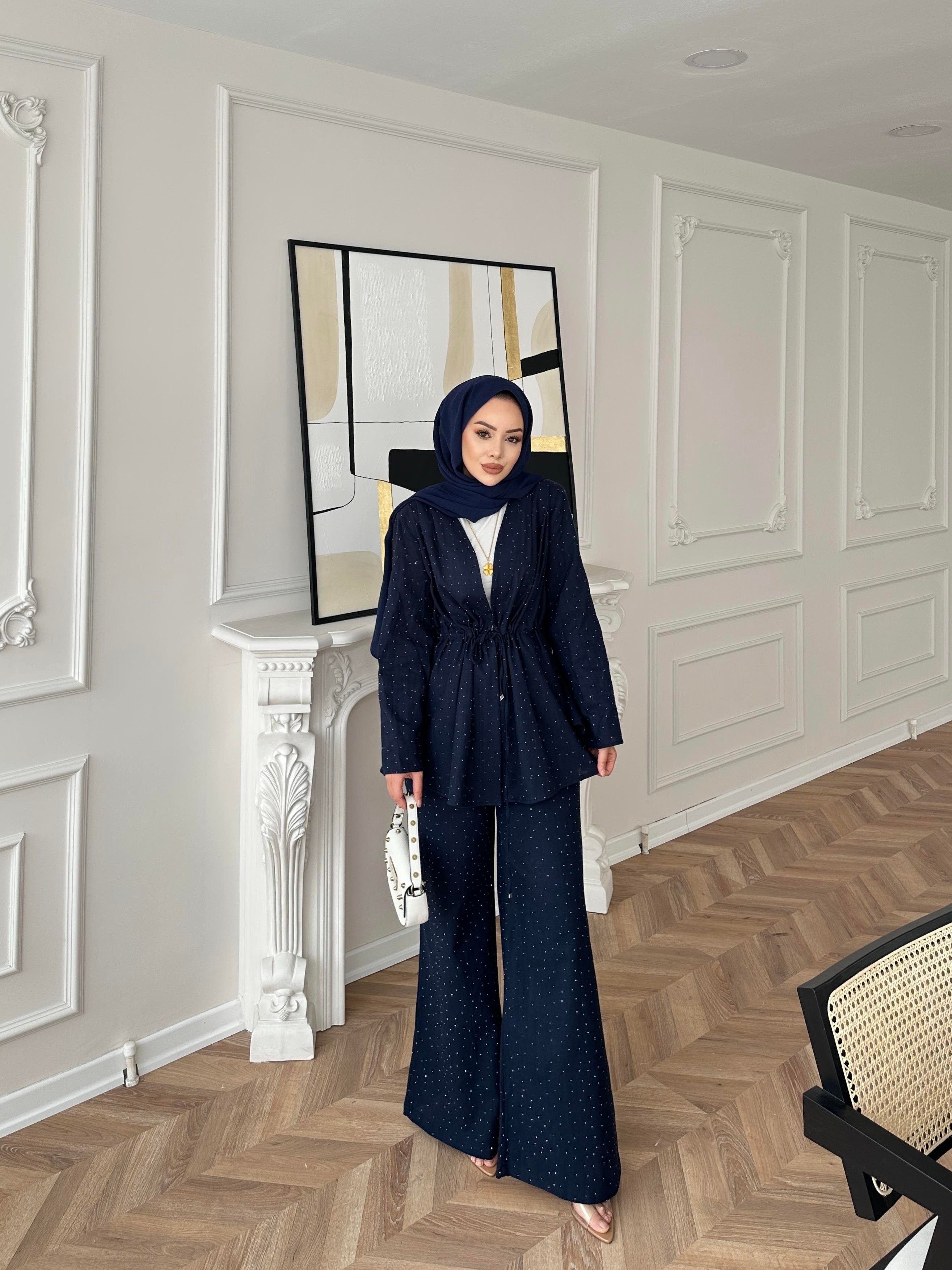 Taşlı Keten Takım Lacivert