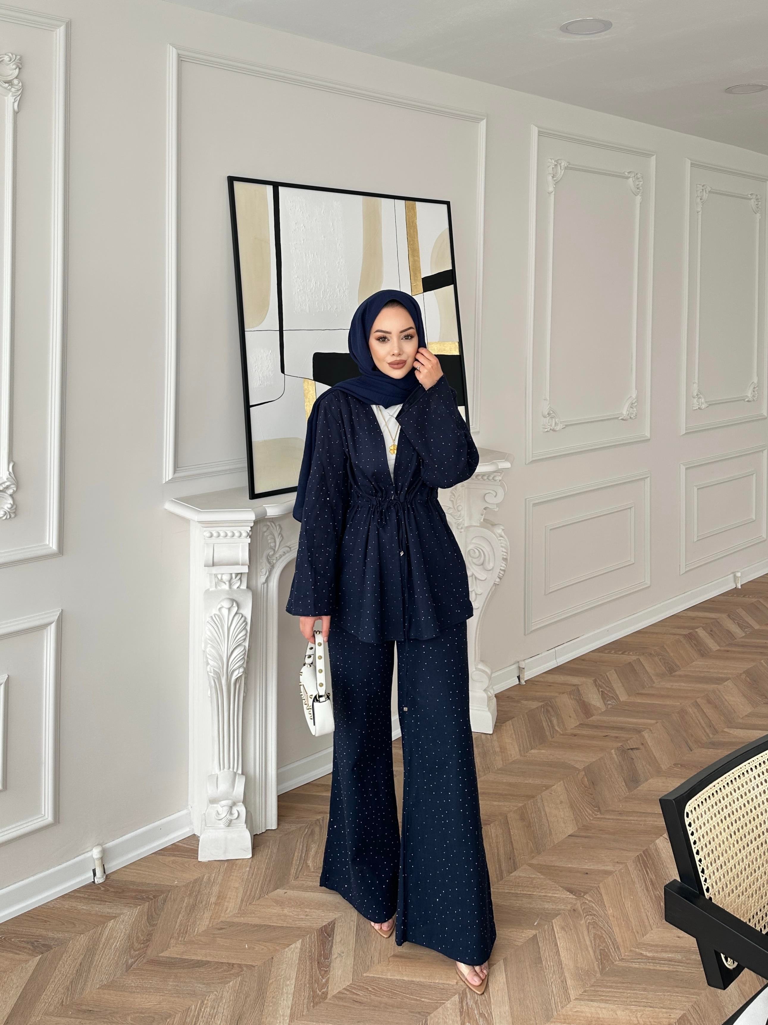 Taşlı Keten Takım Lacivert