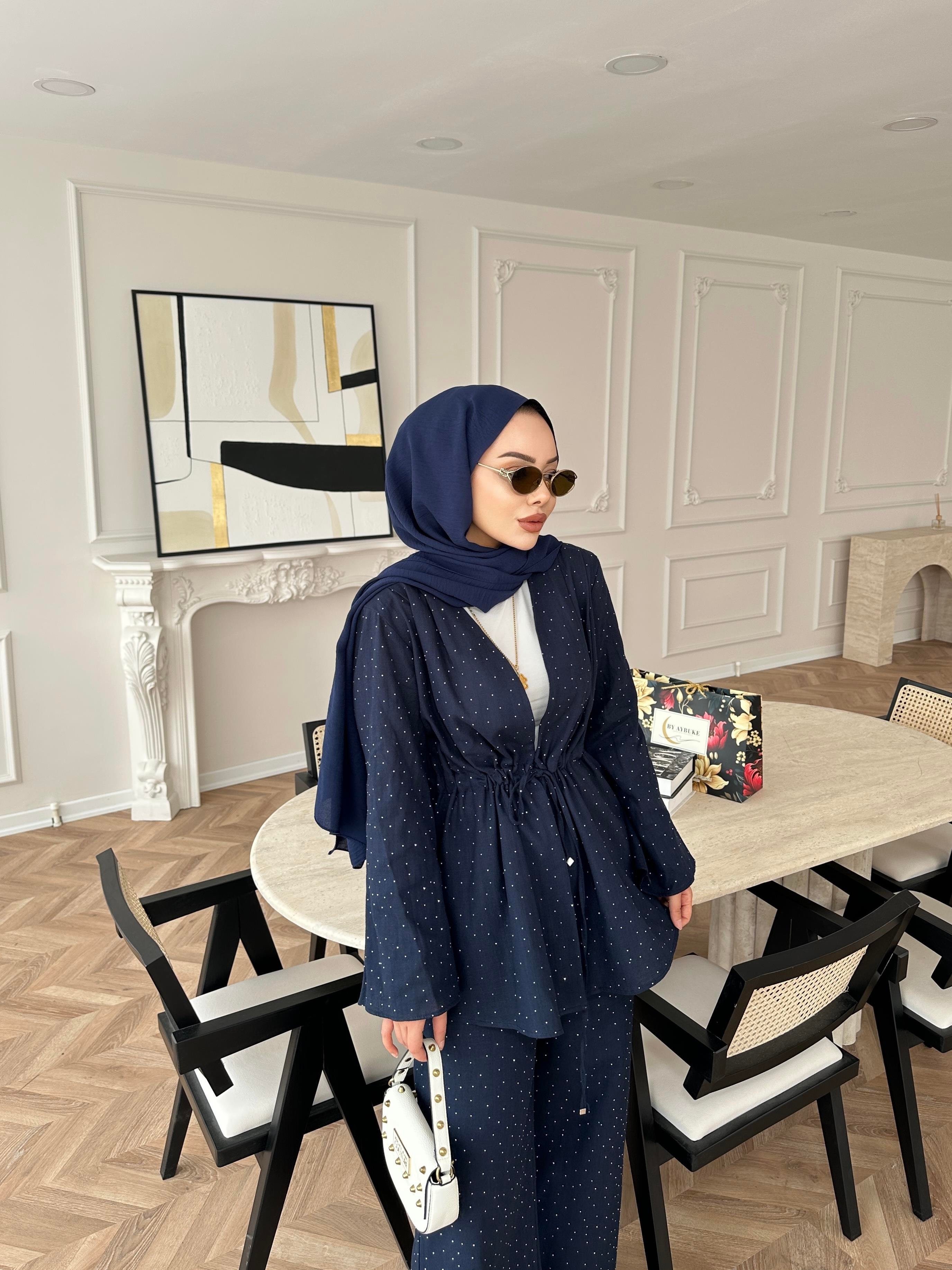 Taşlı Keten Takım Lacivert