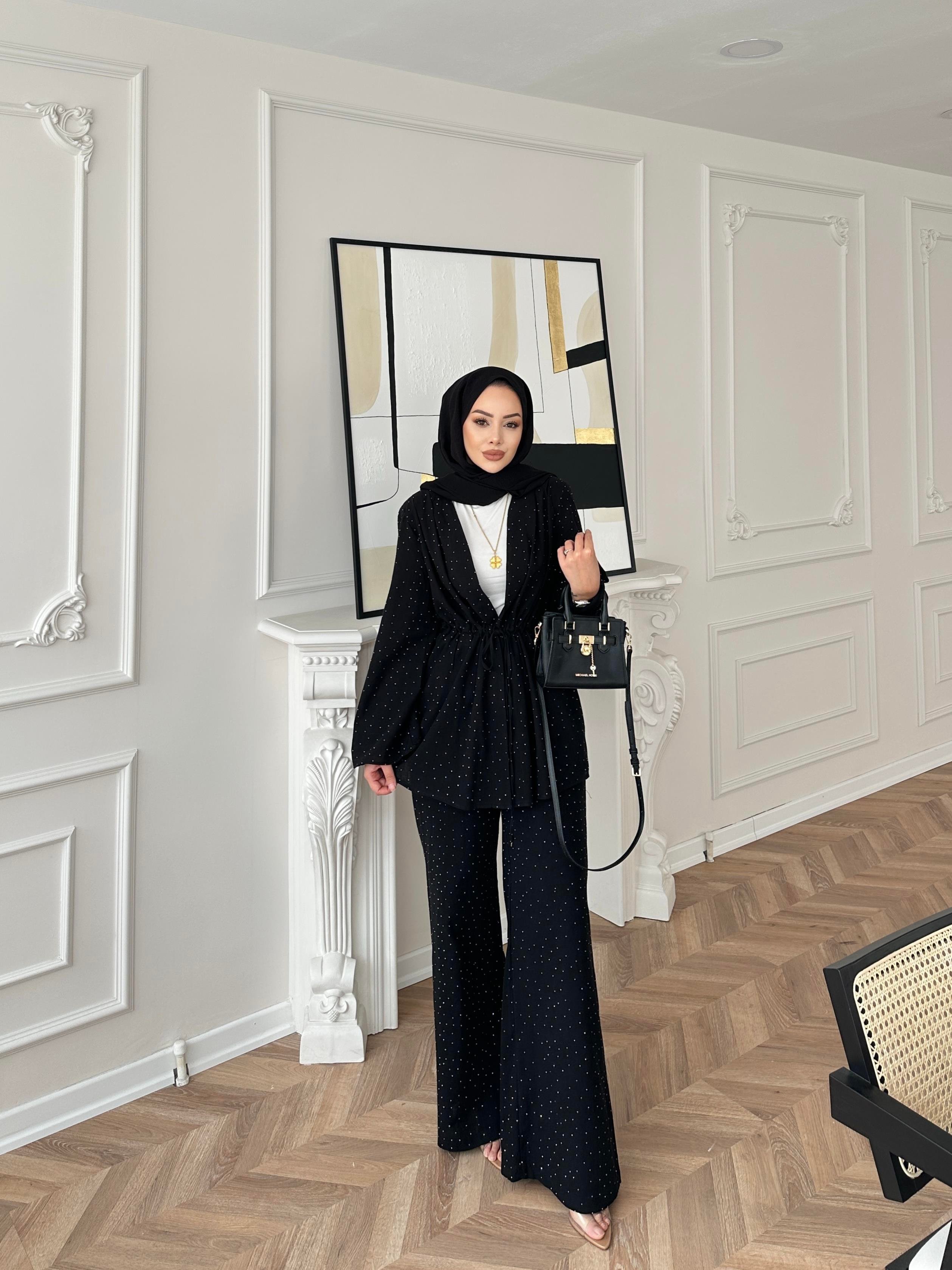 Taşlı Keten Takım Siyah