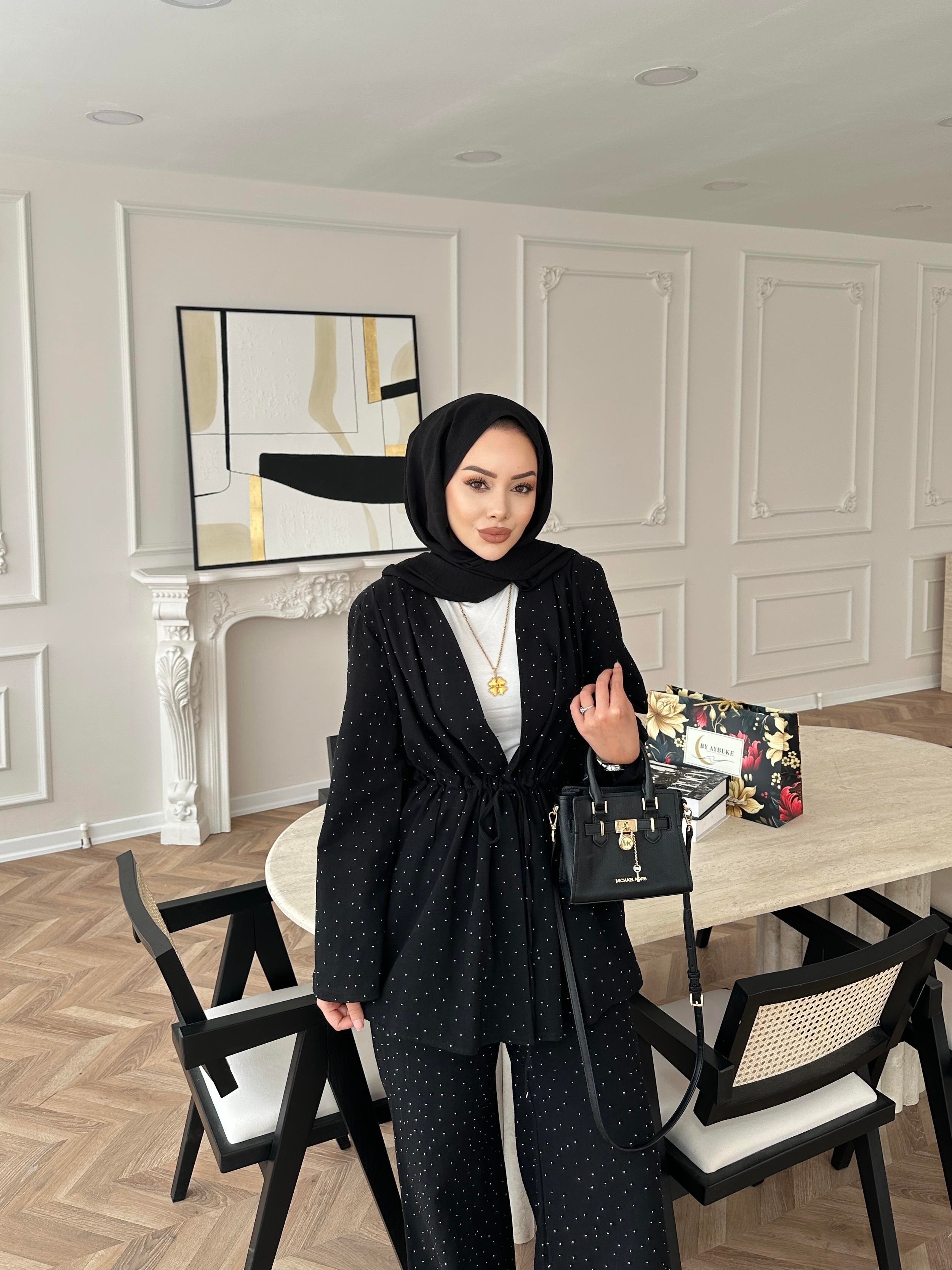 Taşlı Keten Takım Siyah