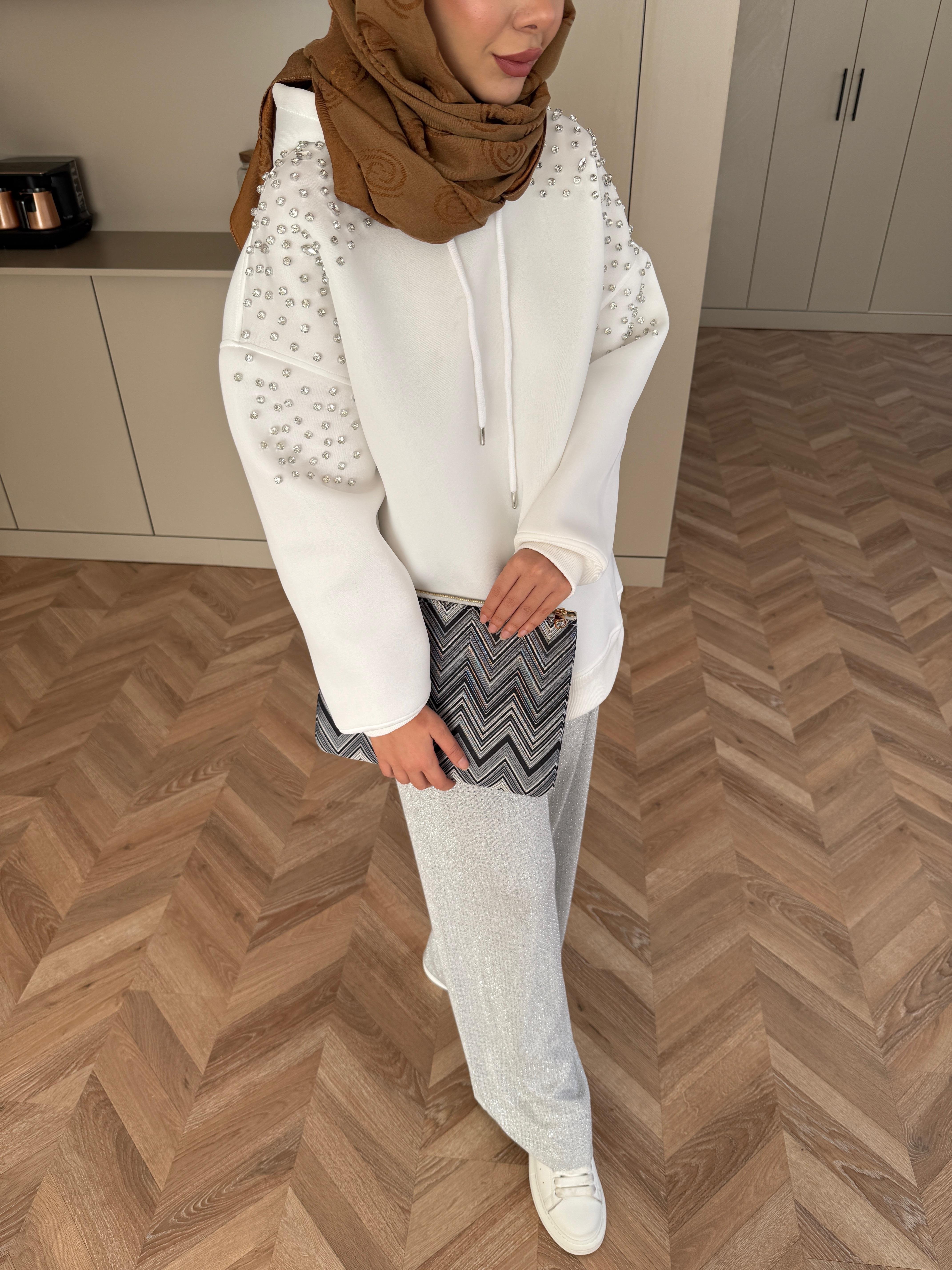 Taşlı Scuba Sweat Beyaz 