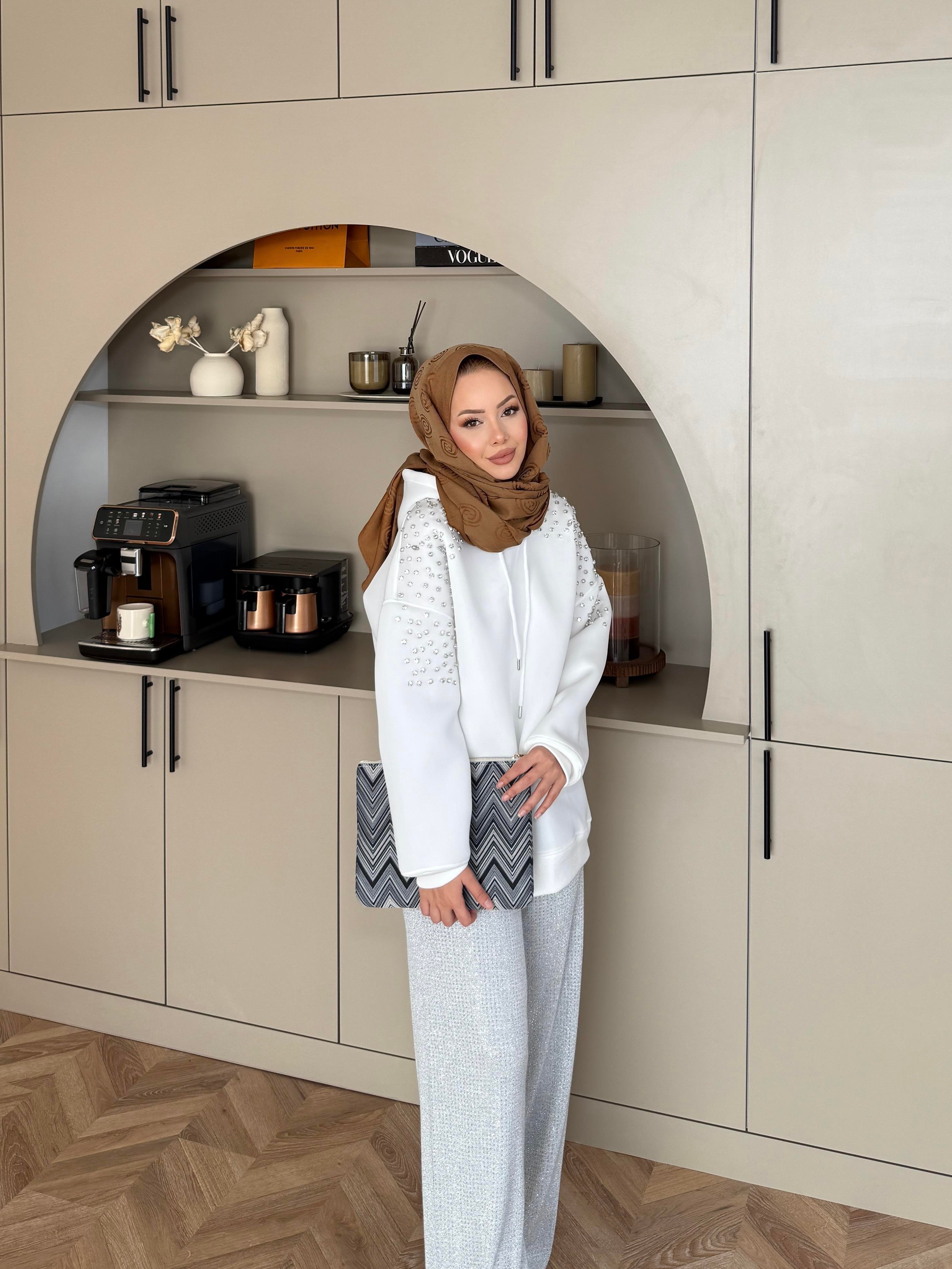 Taşlı Scuba Sweat Beyaz 