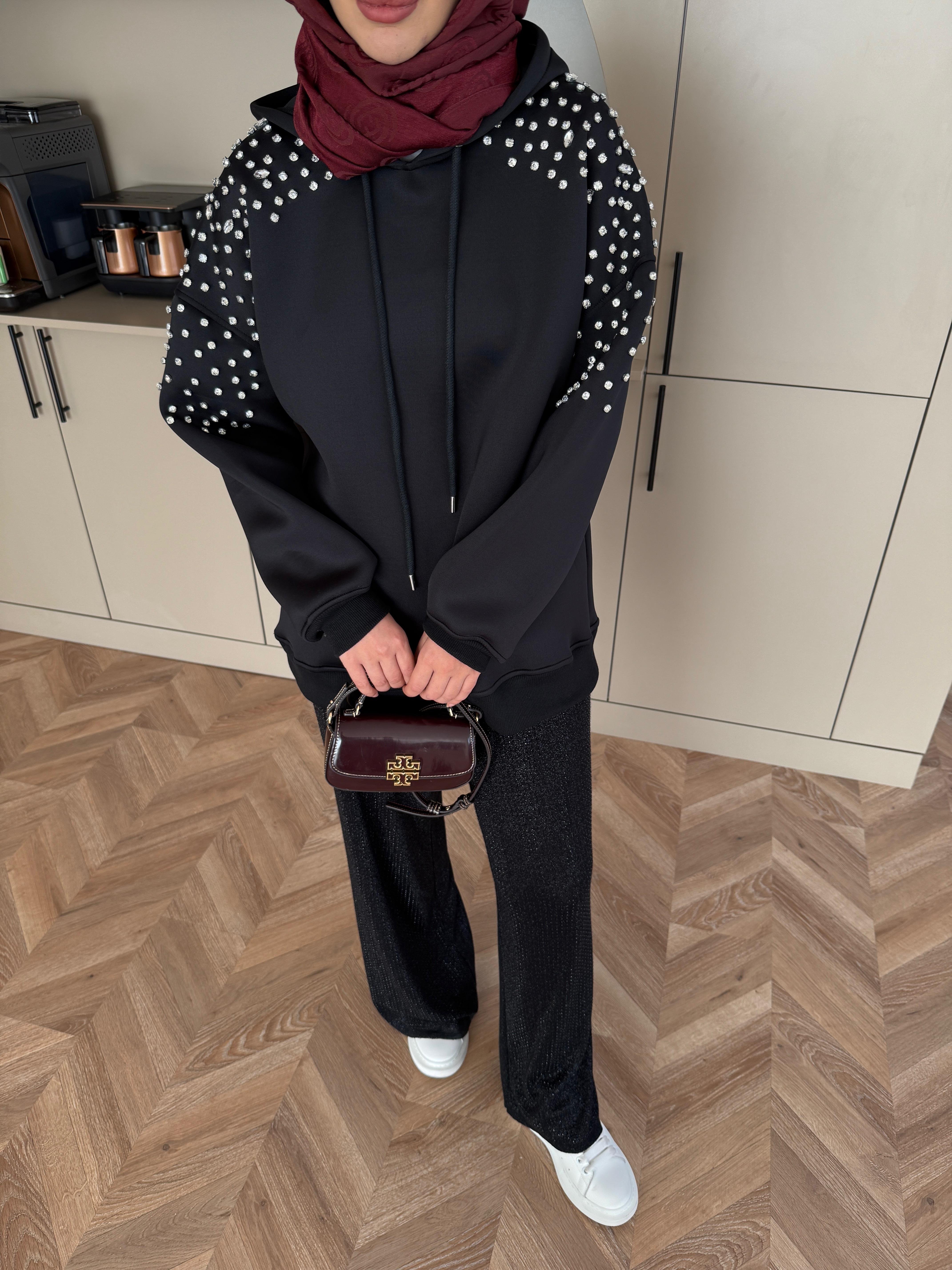 Taşlı Scuba Sweat Siyah