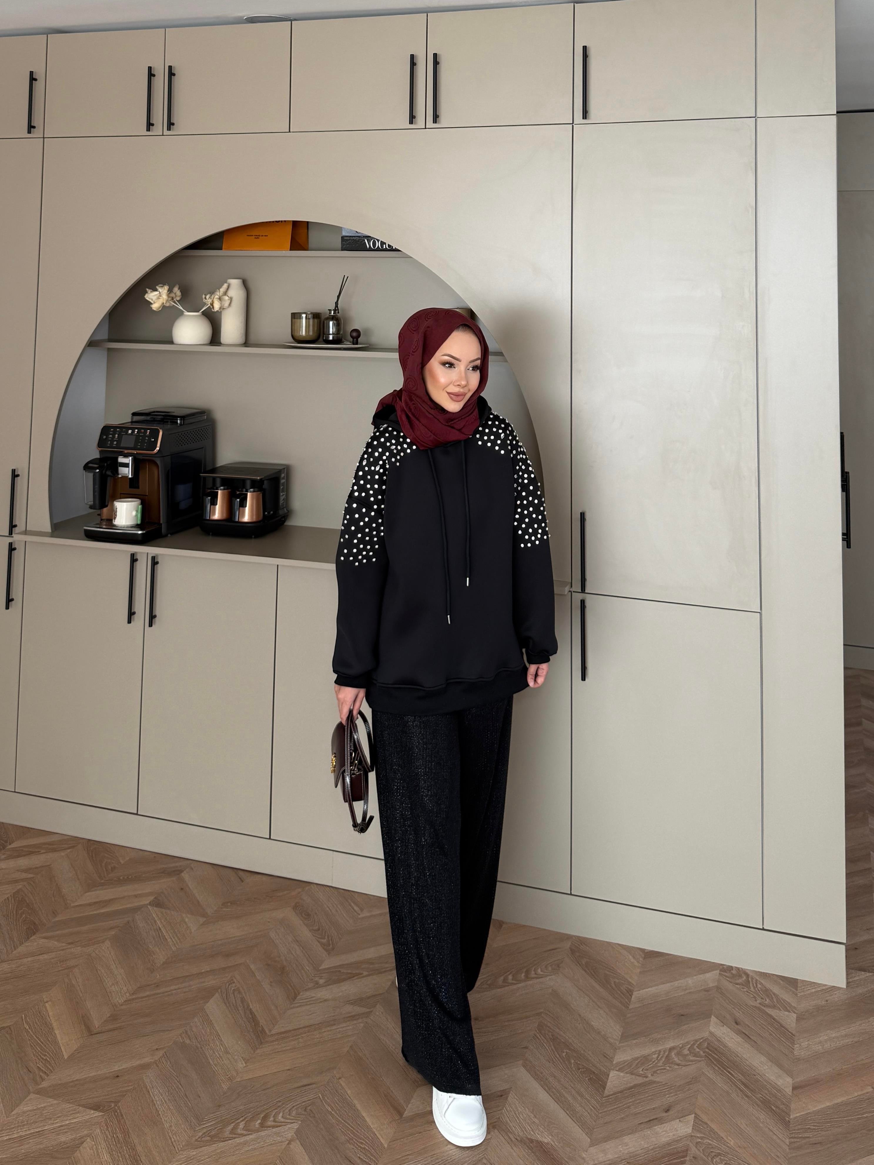 Taşlı Scuba Sweat Siyah