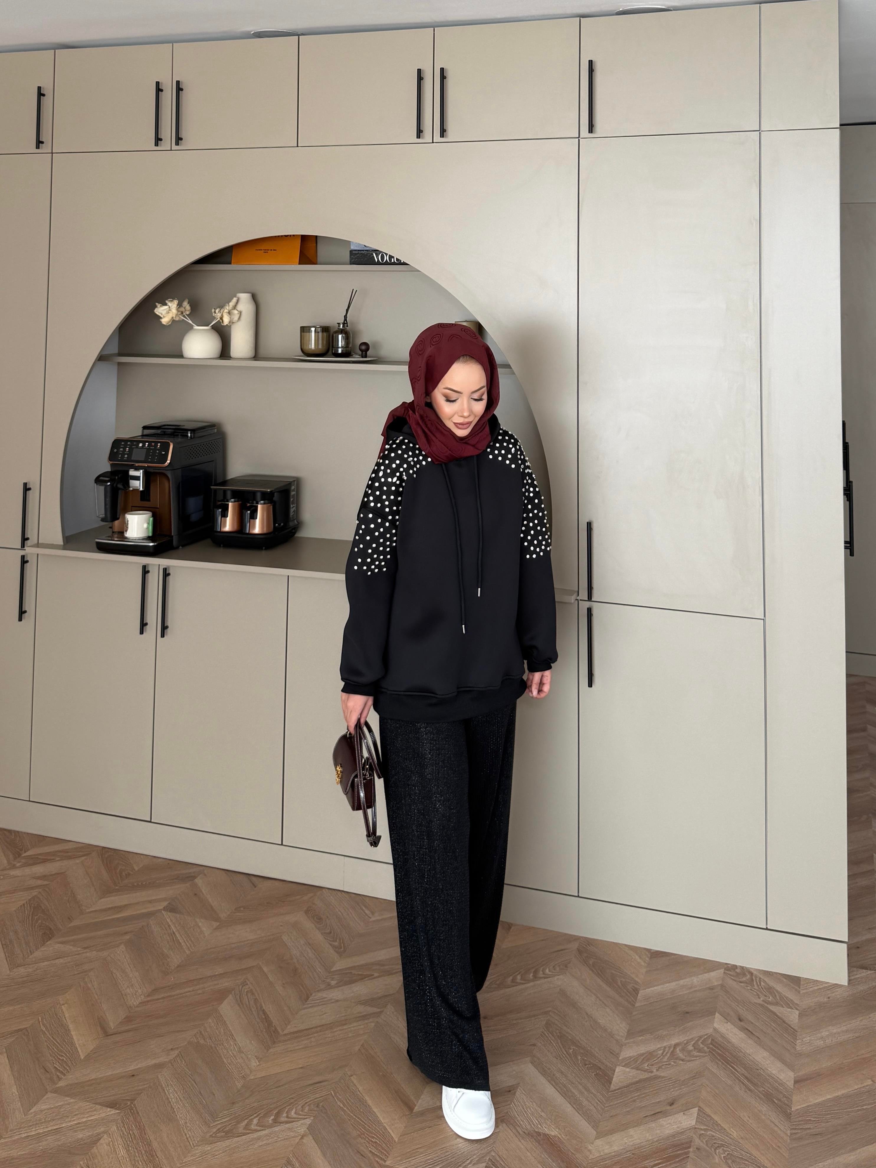 Taşlı Scuba Sweat Siyah