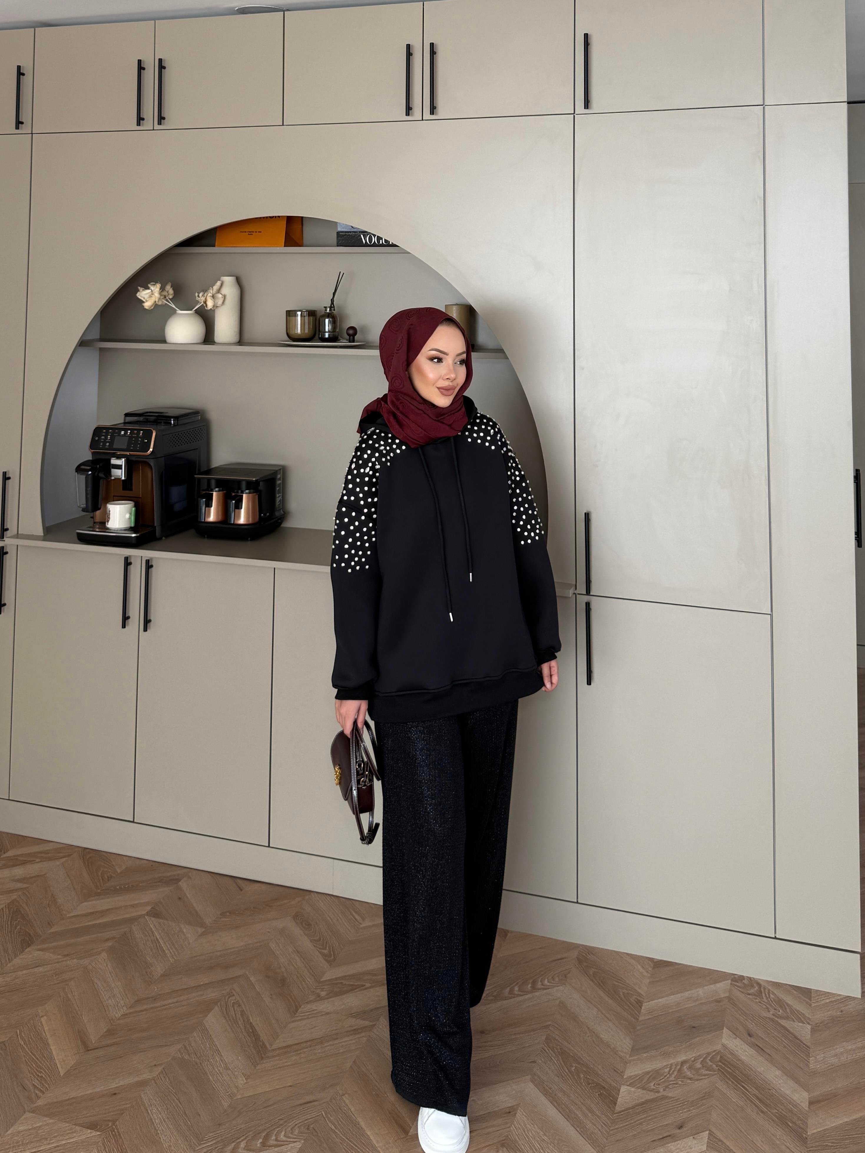 Taşlı Scuba Sweat Siyah