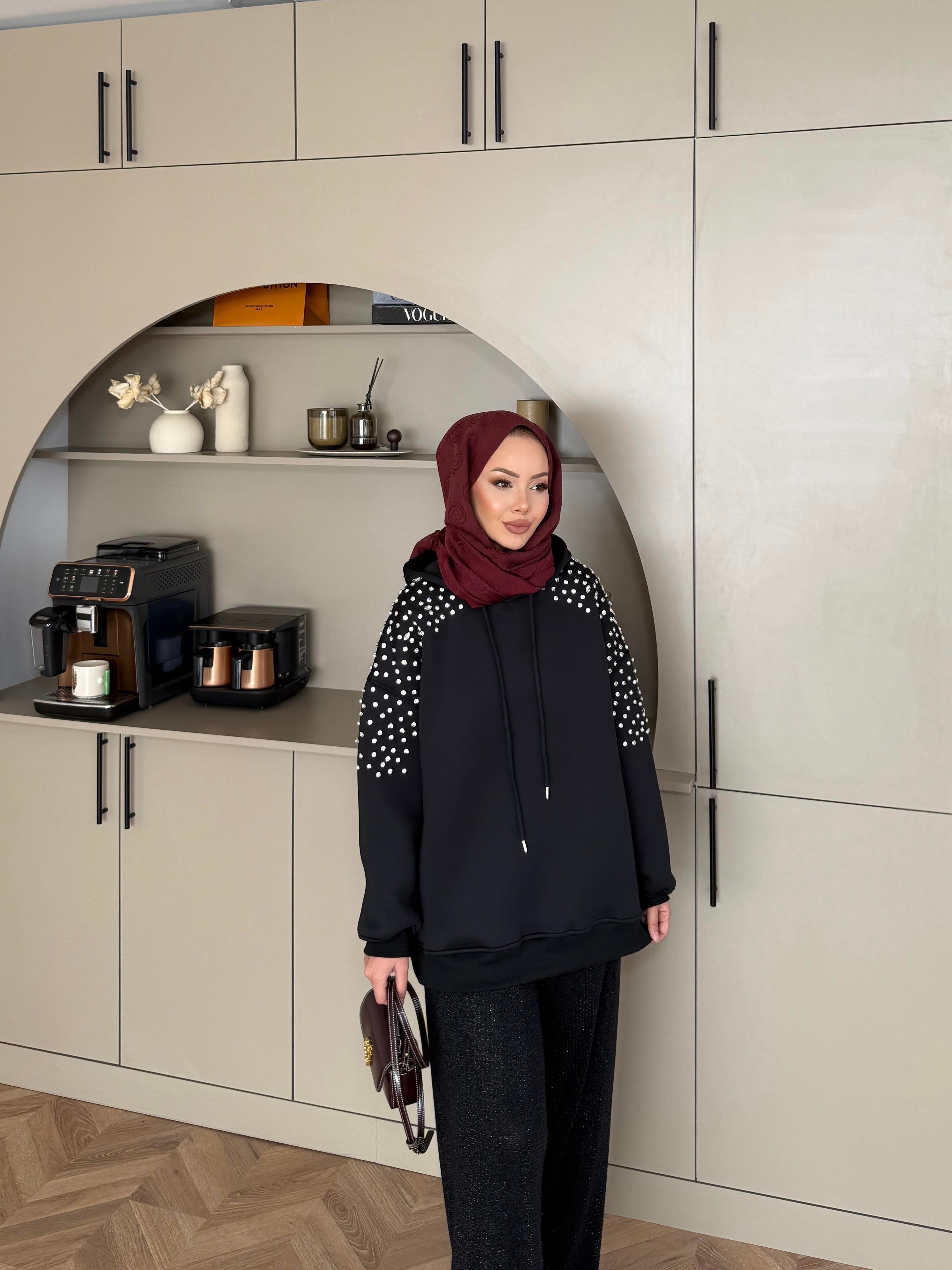 Taşlı Scuba Sweat Siyah