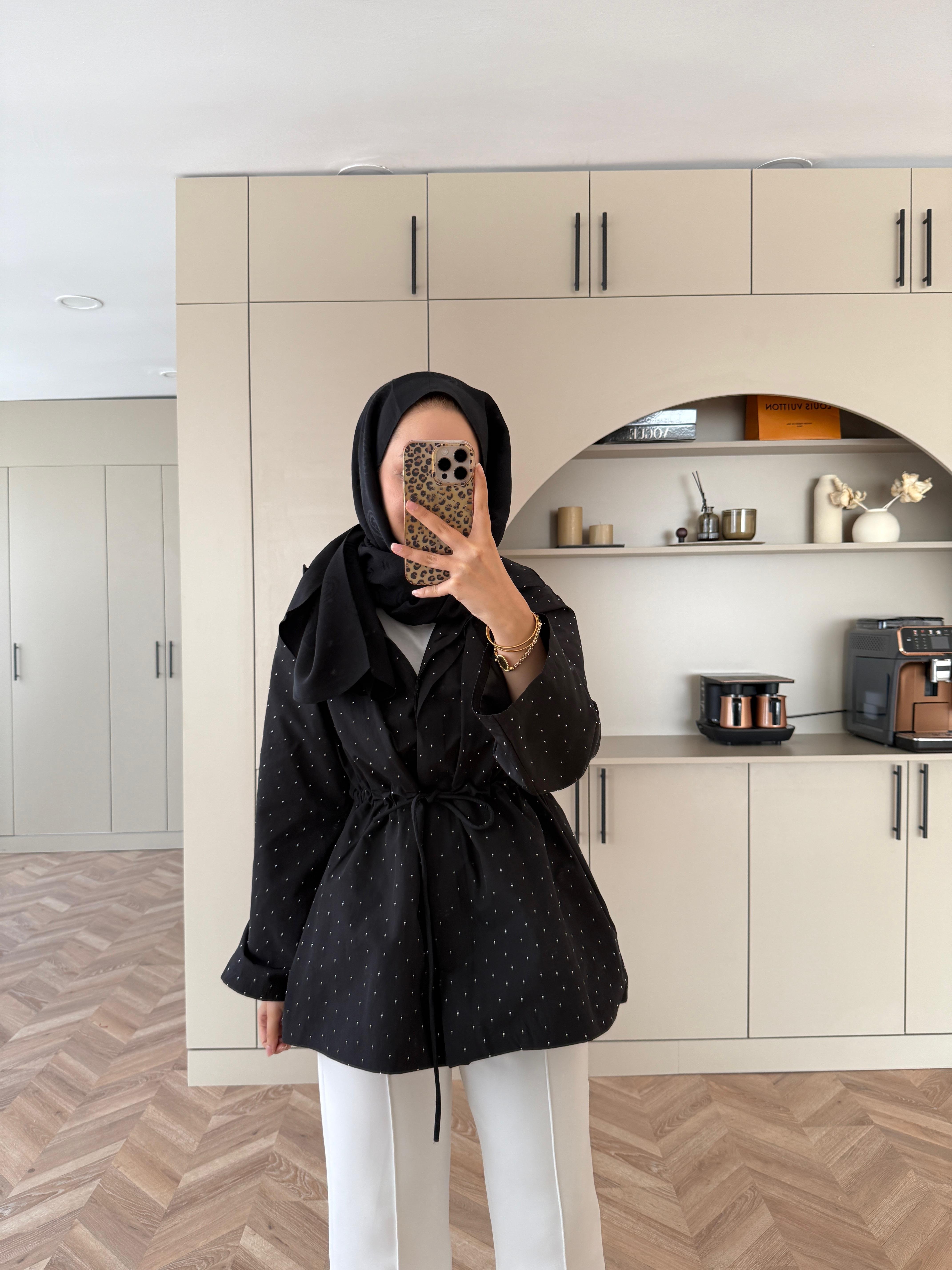 Taşlı Trenç Siyah