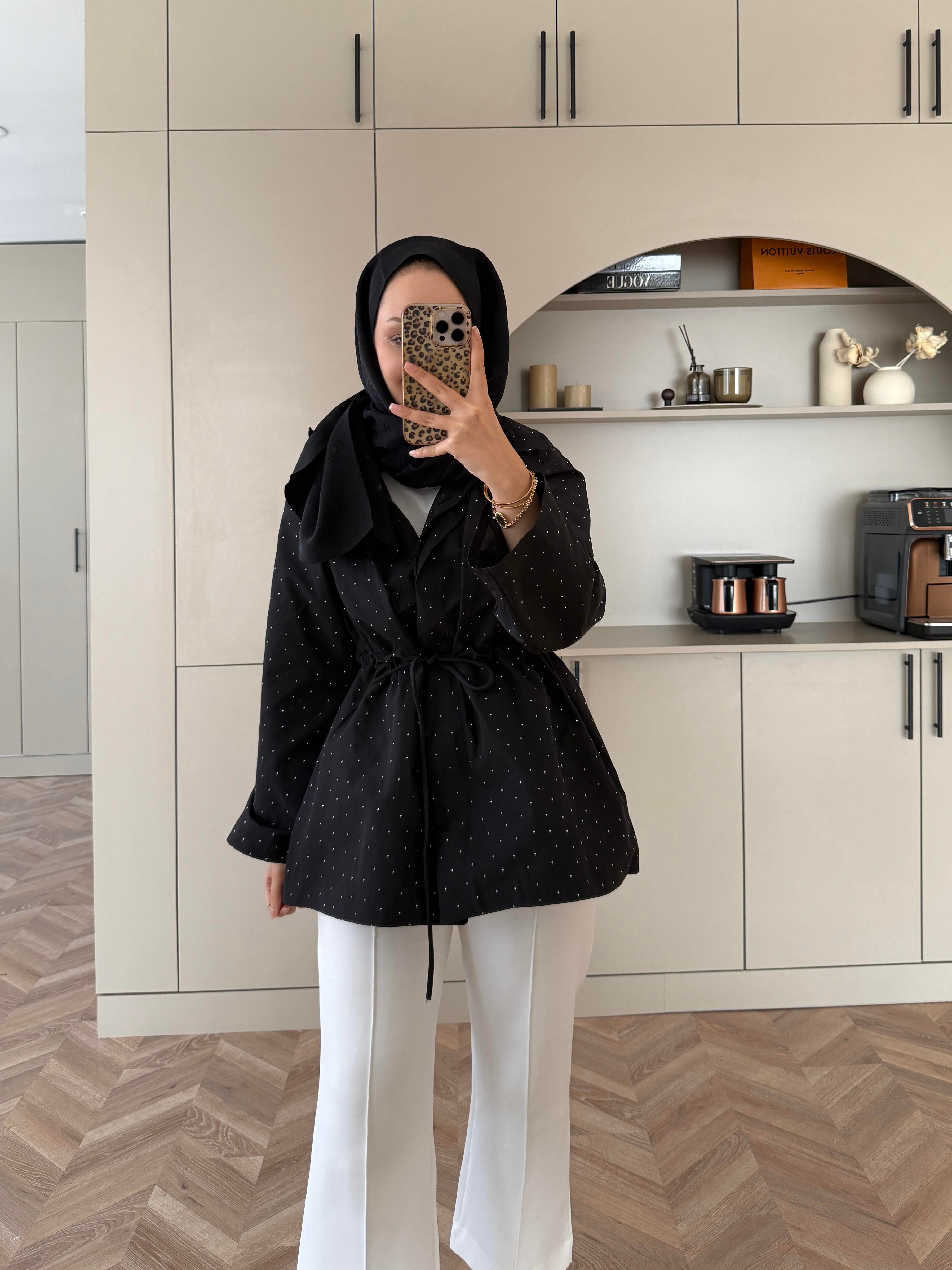 Taşlı Trenç Siyah