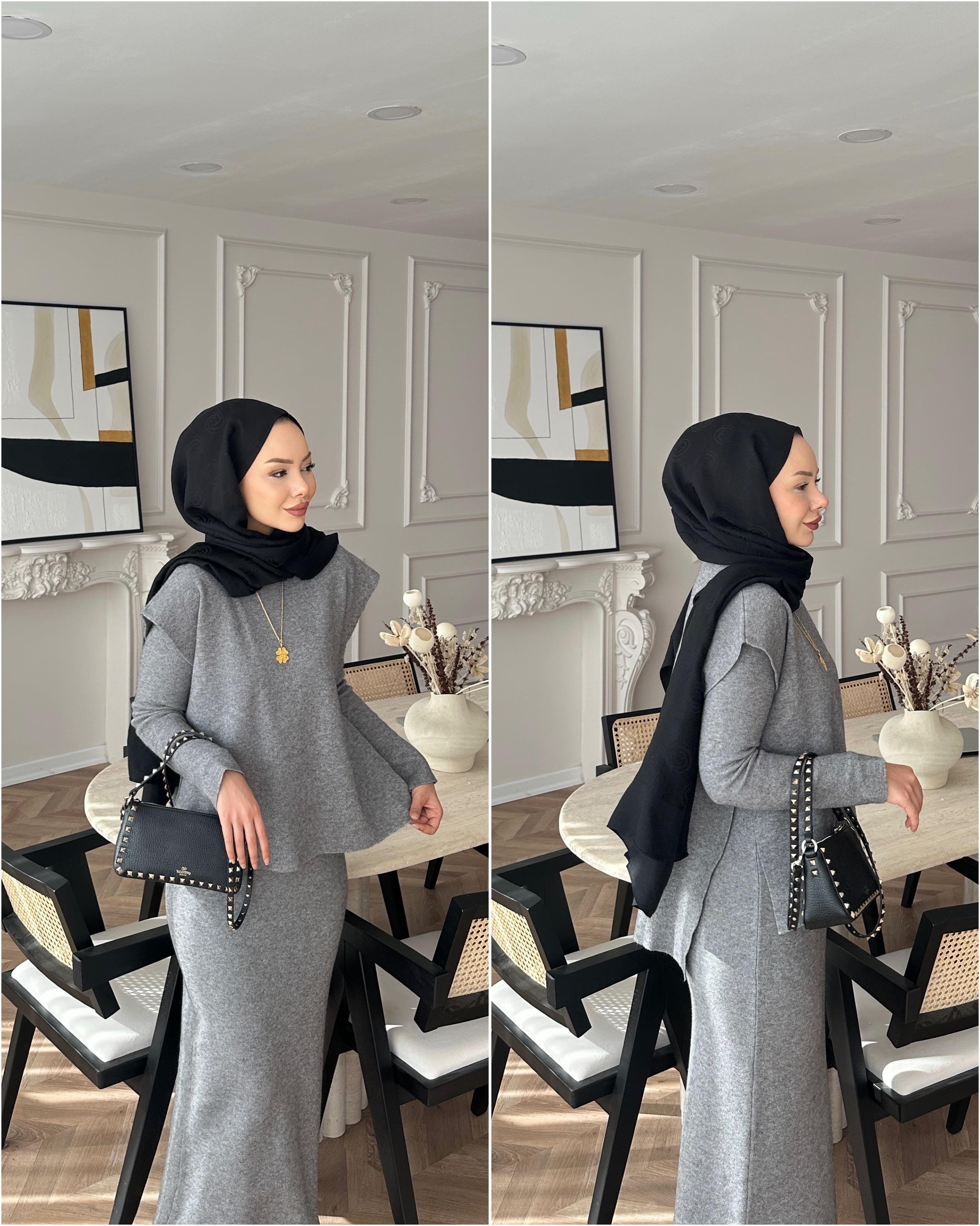 Vally Triko Yelekli Elbise Gri