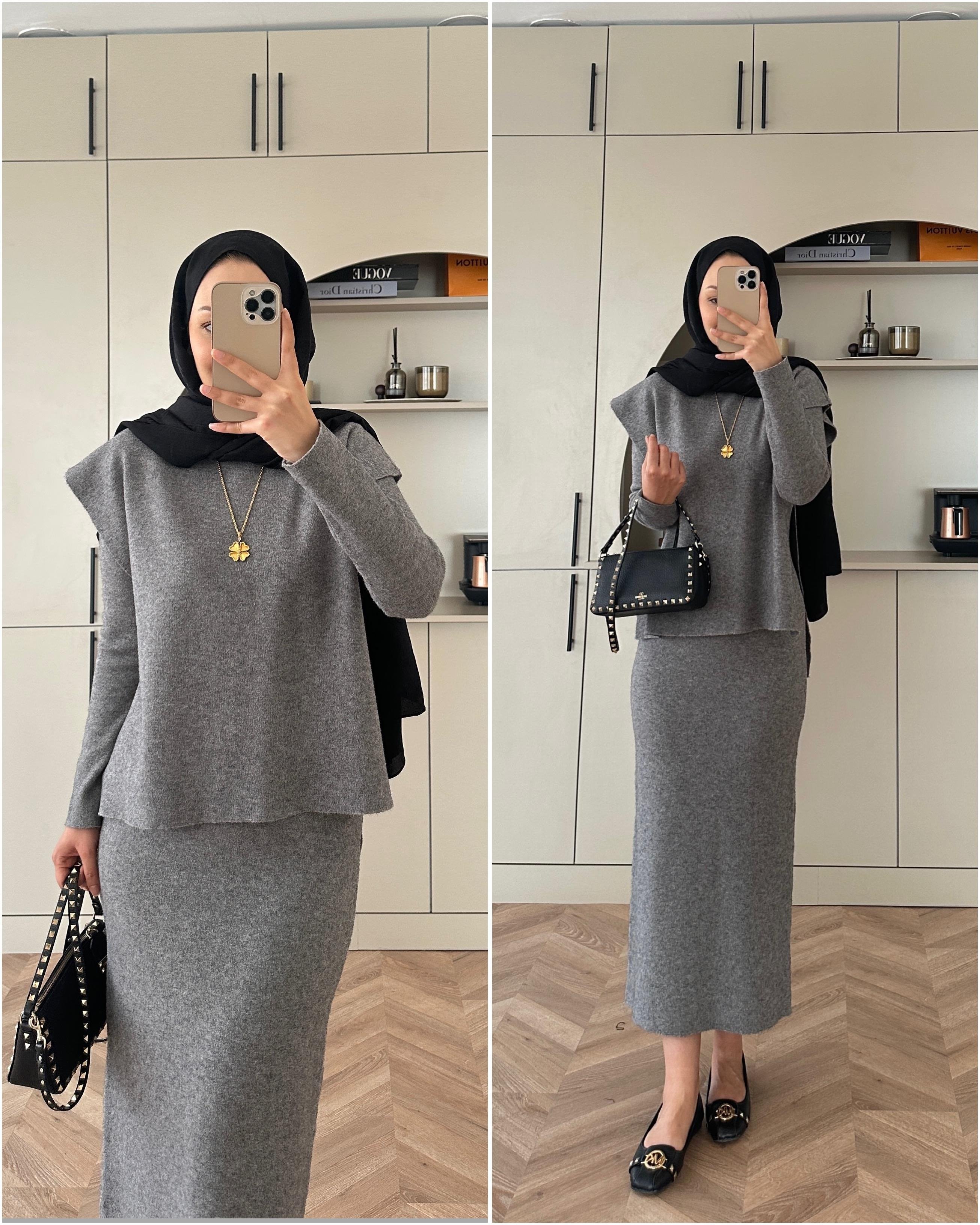 Vally Triko Yelekli Elbise Gri