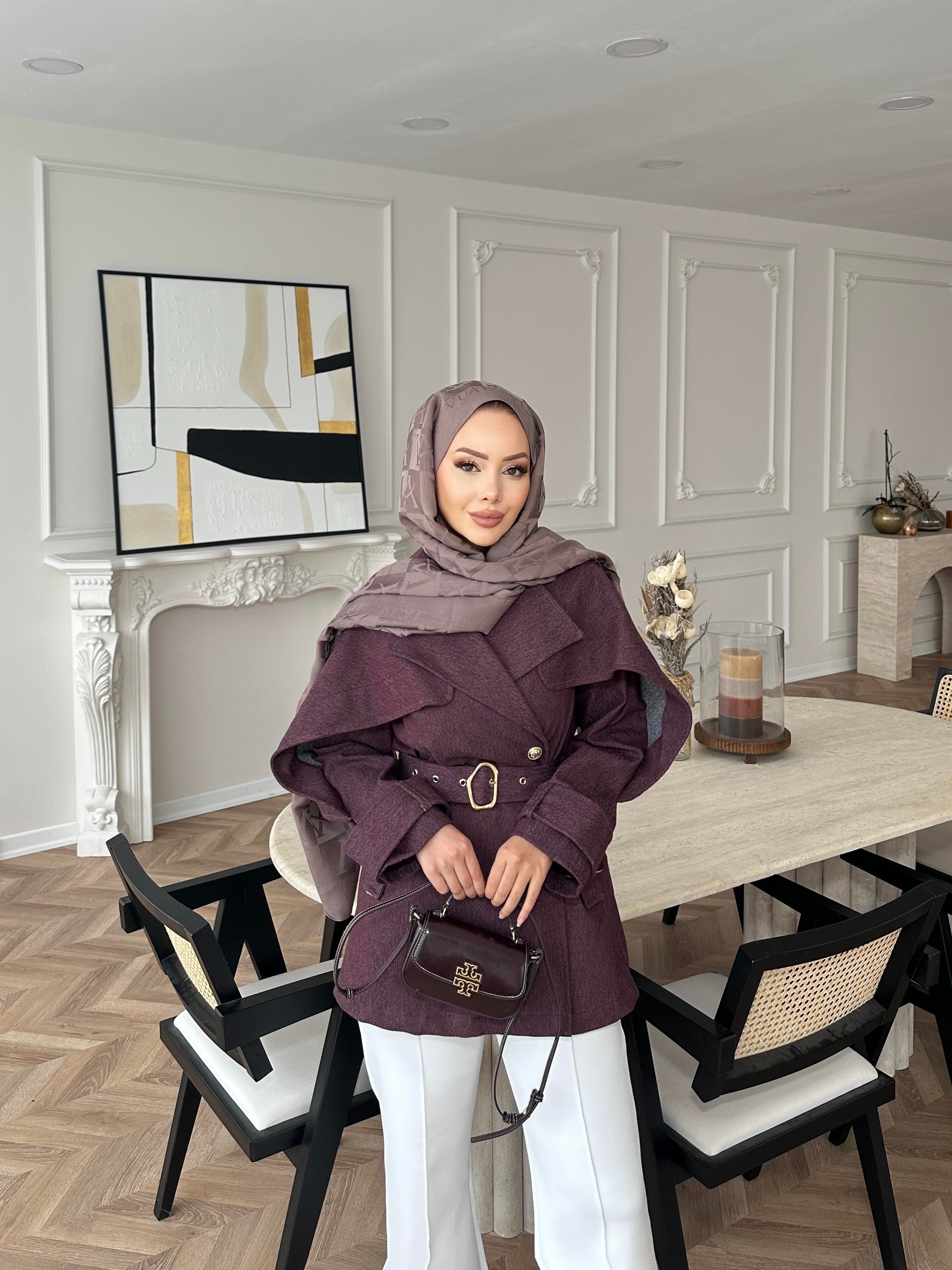 Yarasa Kollu Kot Ceket Mürdüm