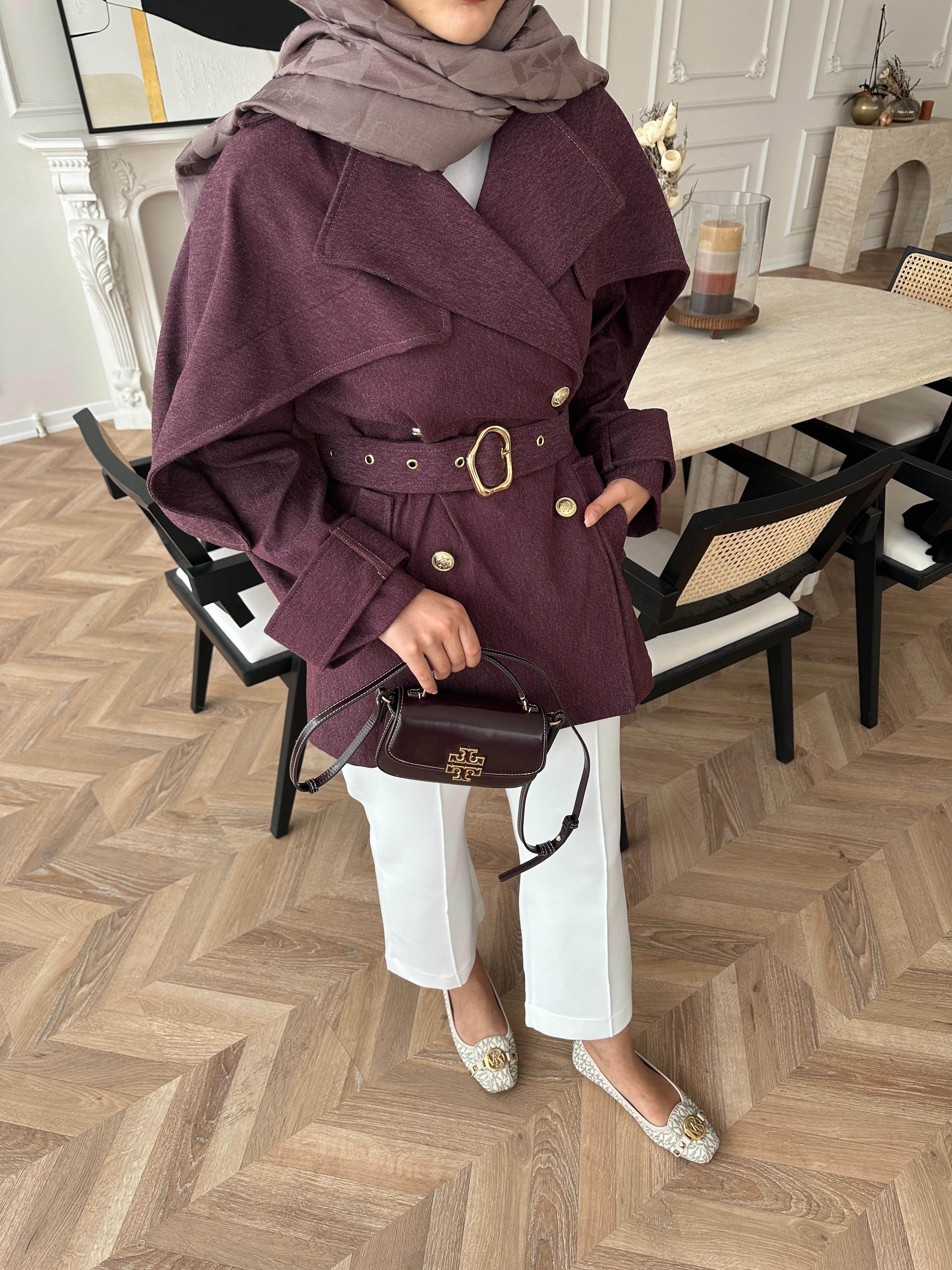 Yarasa Kollu Kot Ceket Mürdüm