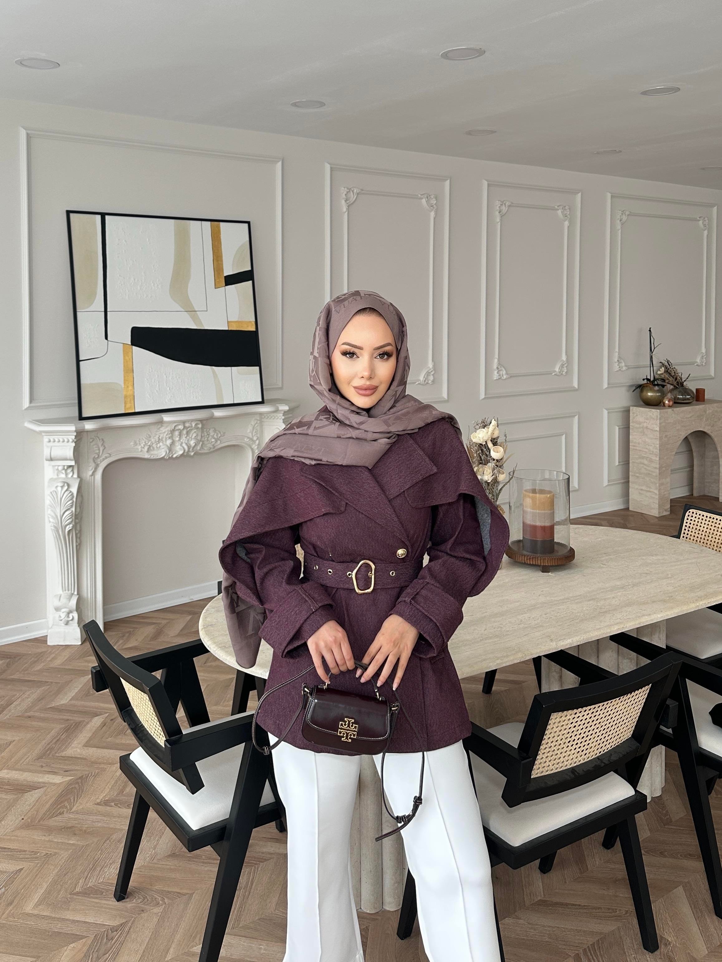 Yarasa Kollu Kot Ceket Mürdüm