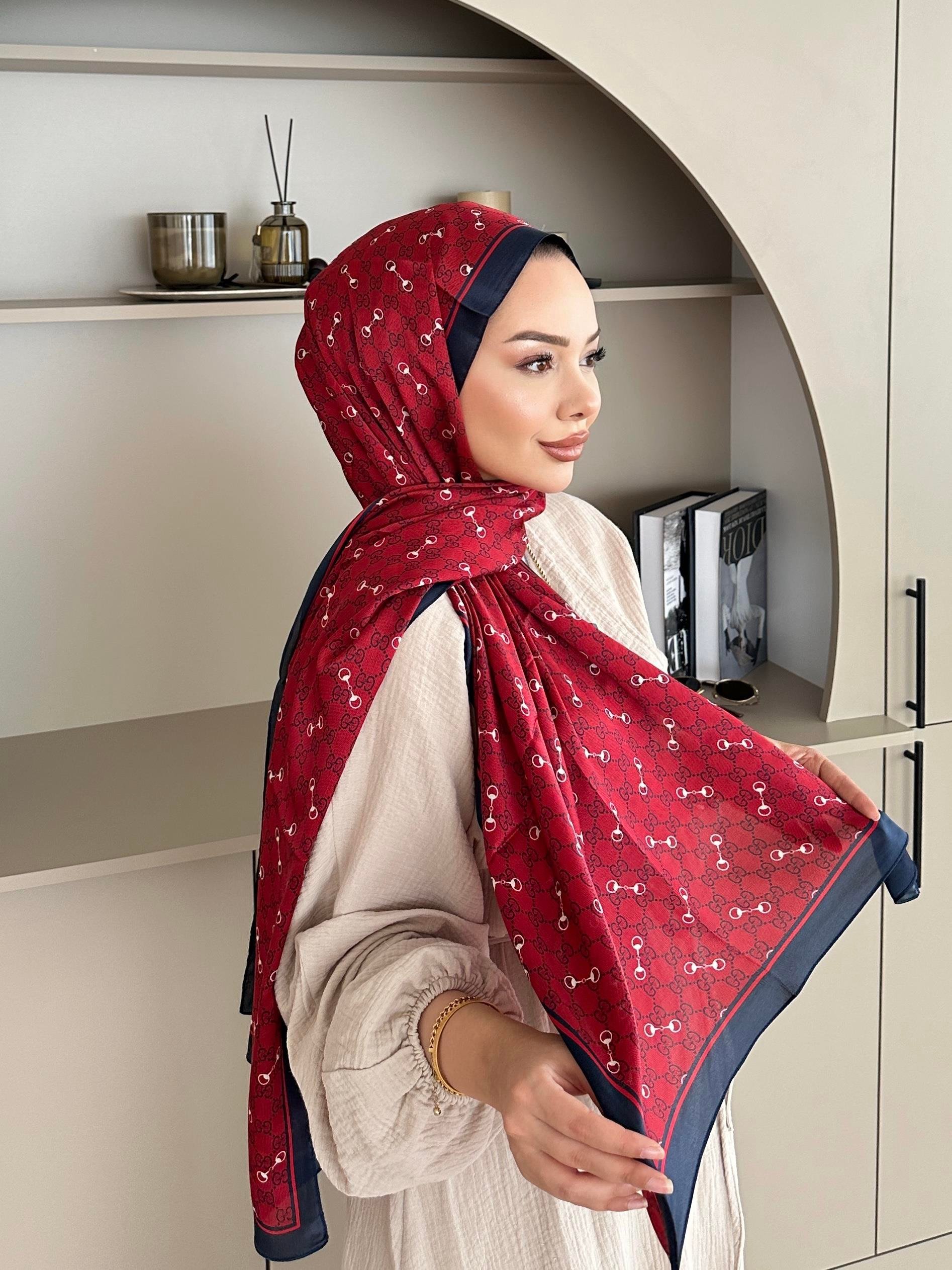 Zincir Desen İthal İpek Vual Şal Bordo/Lacivert
