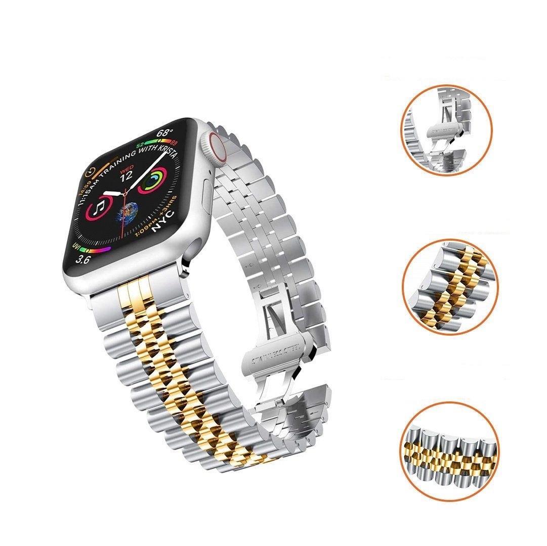 Apple Watch 2/3/4/5/6/7/8/Se/Ultra 42 44 45 49MM Uyumlu Çelik Baklalı Metal Kordon Gümüş Gold